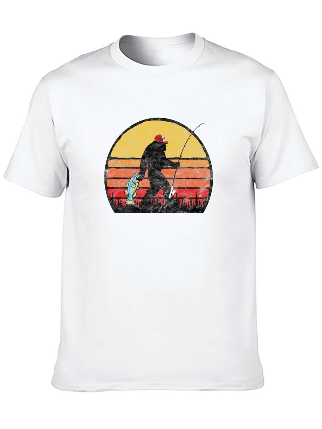 Bigfoot Fishing T-Shirt - Retro Sunset Sasquatch Tee