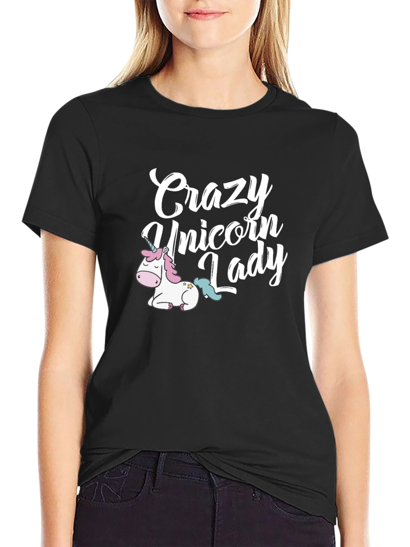 Crazy Unicorn Lady Graphic Tee - Black Unisex Shirt