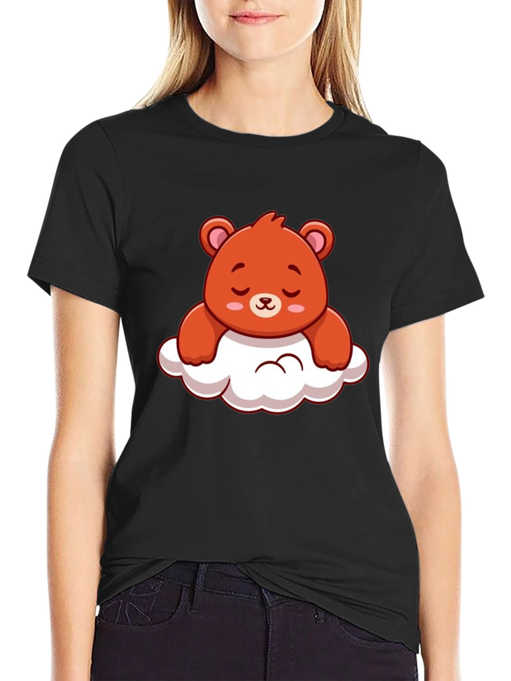 Cute Bear on Cloud Graphic Black T-Shirt