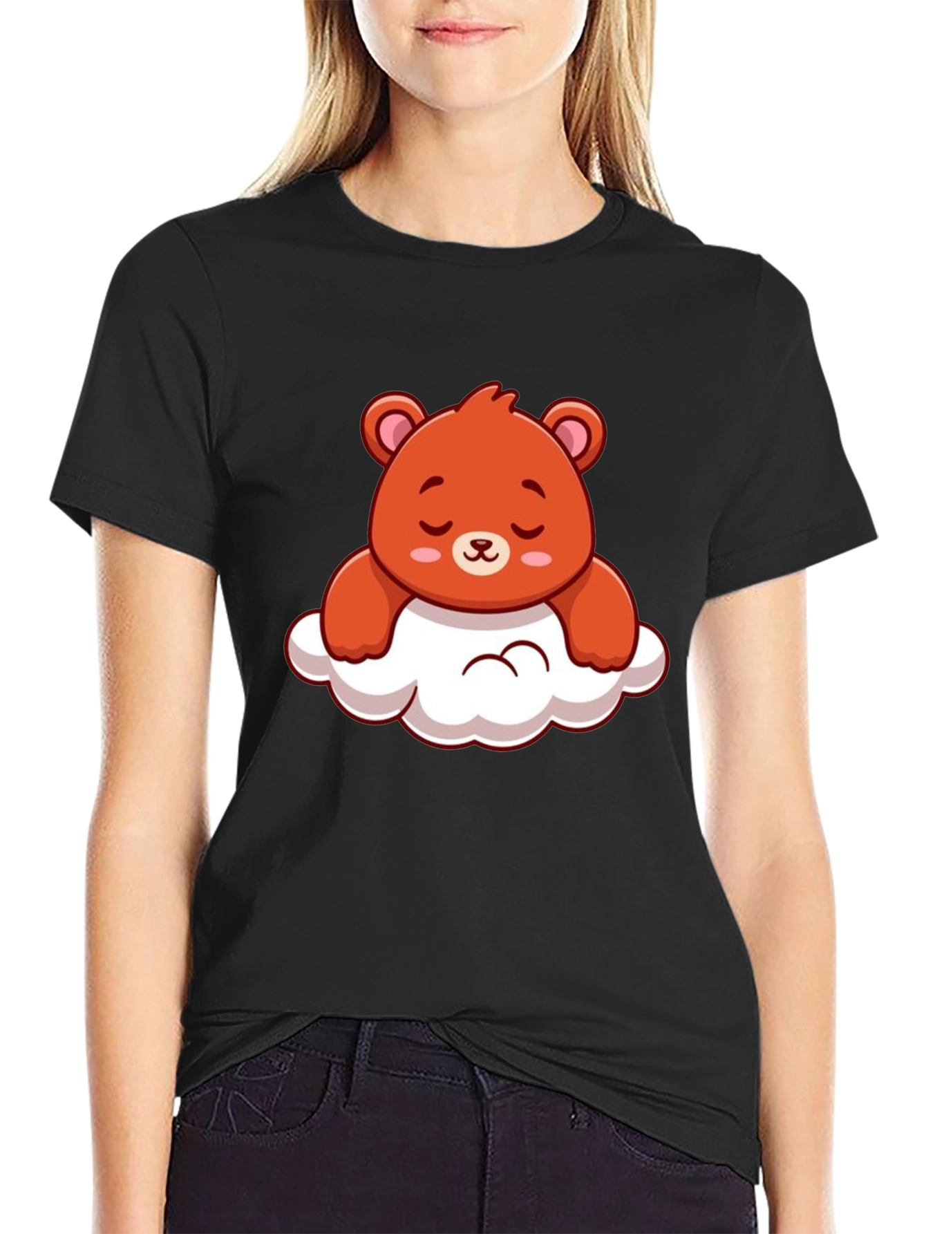 Cute Bear on Cloud Graphic Black T-Shirt