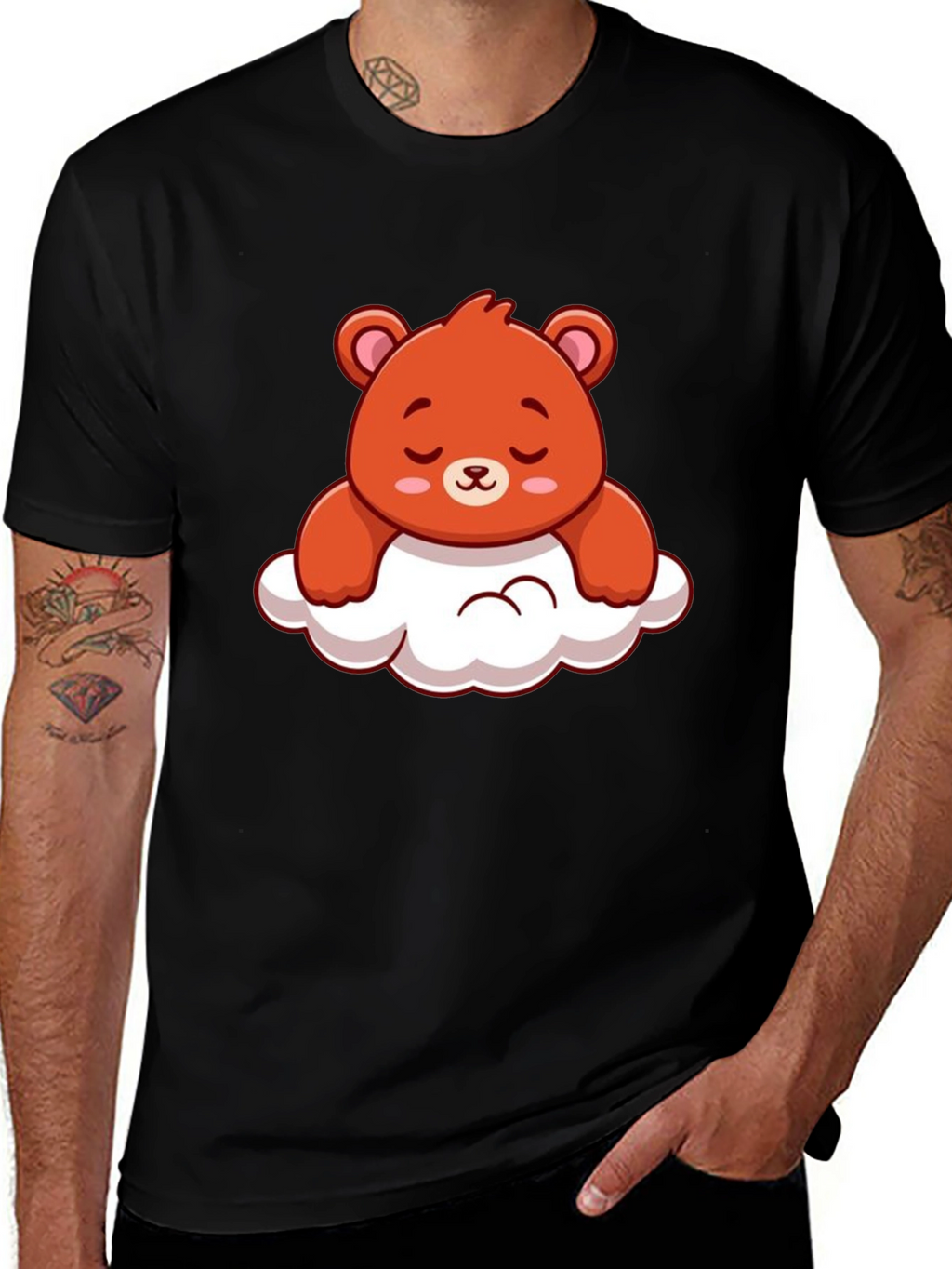 Cute Bear on Cloud Graphic Black T-Shirt