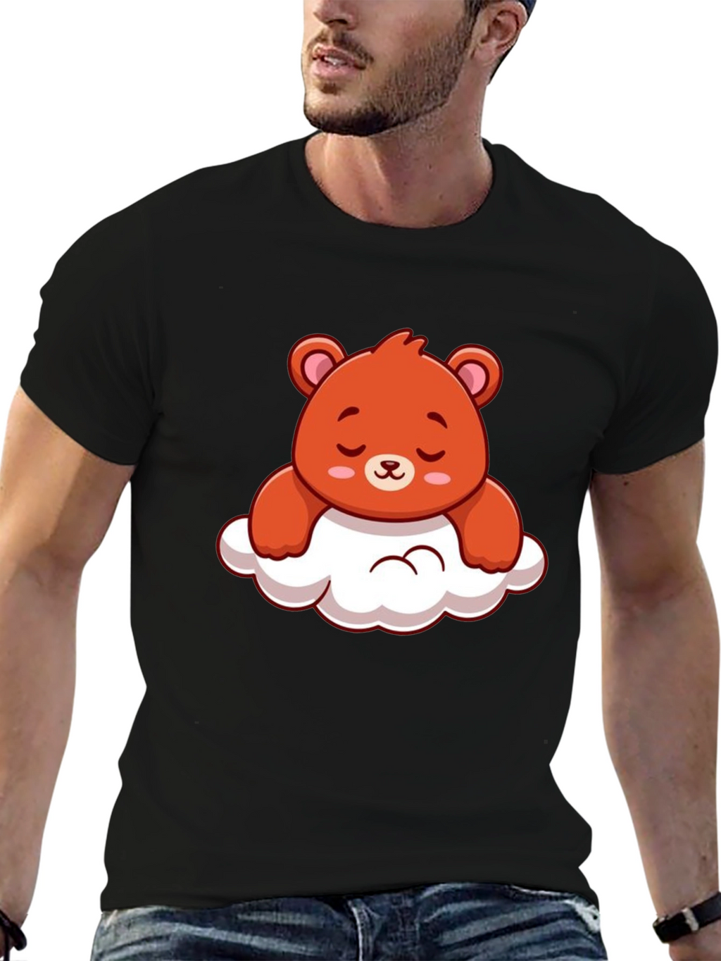 Cute Bear on Cloud Graphic Black T-Shirt