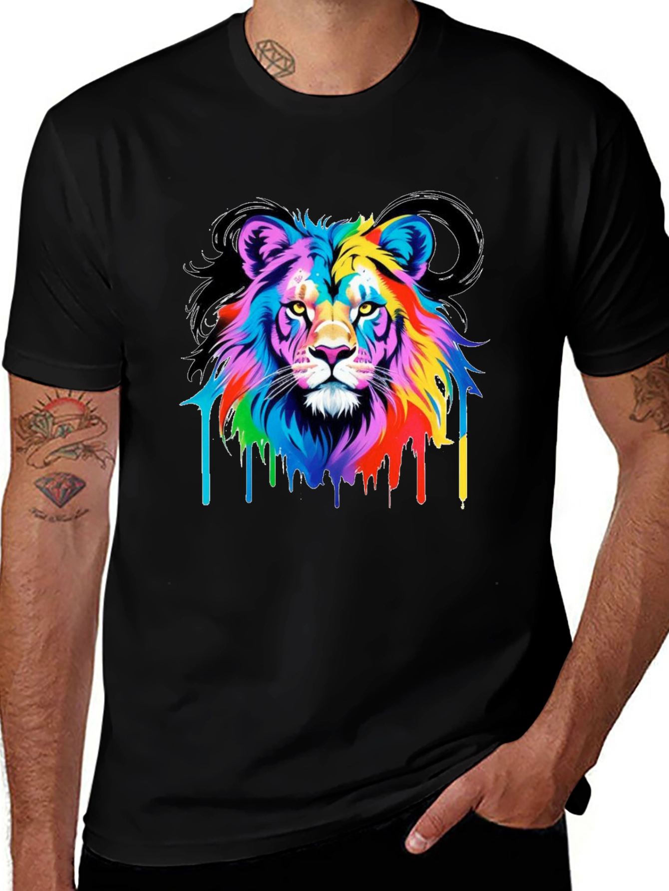 Colorful Lion Graphic Black Tee Shirt