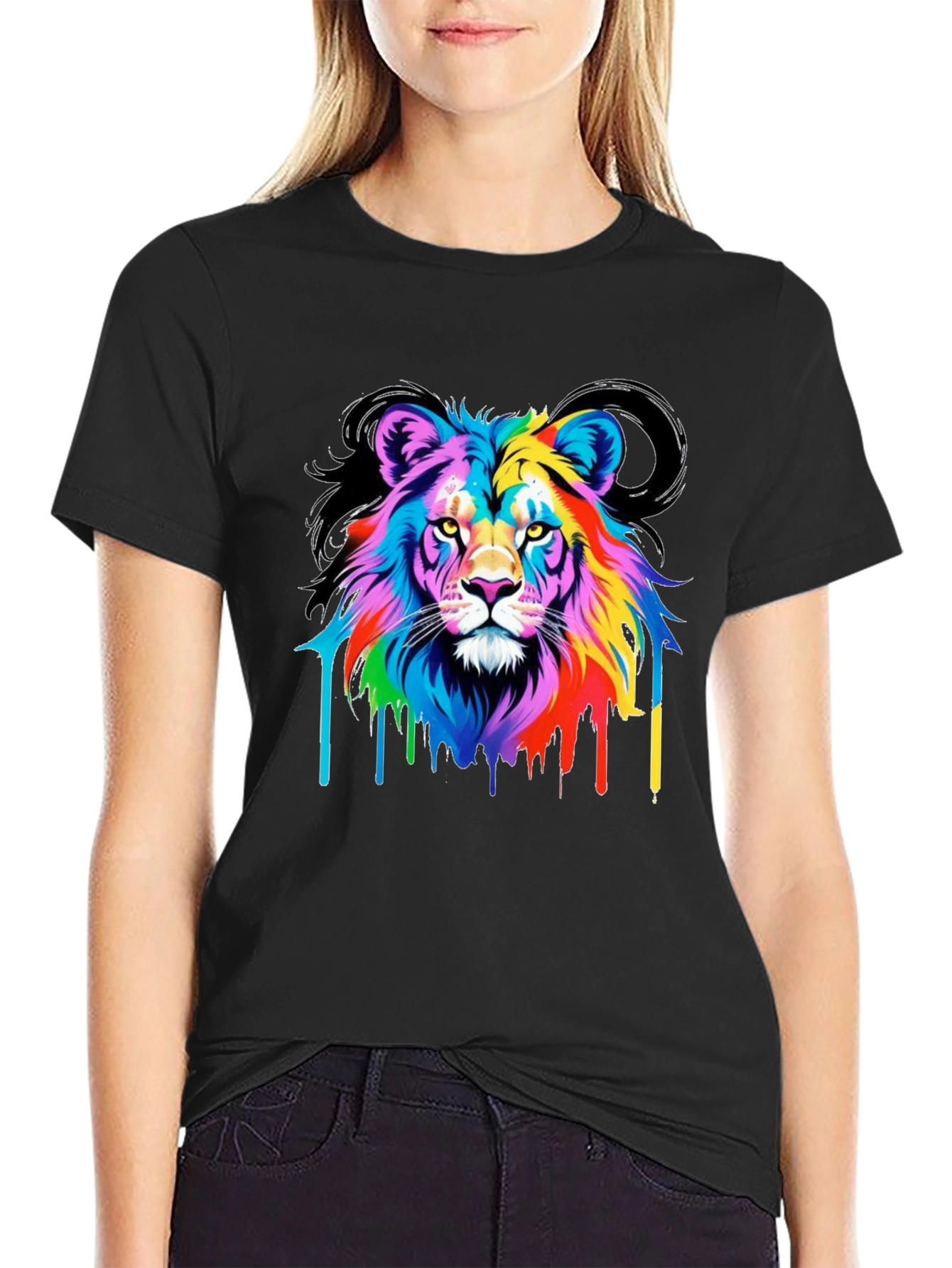 Colorful Lion Graphic Black Tee Shirt