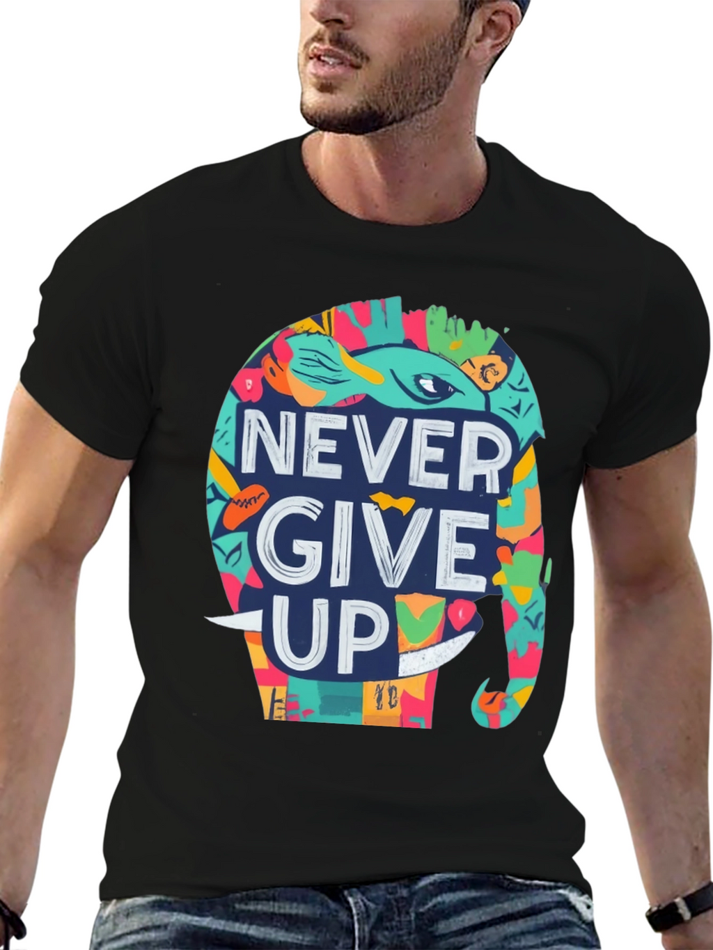 Never Give Up Elephant Graphic Tee - Black
