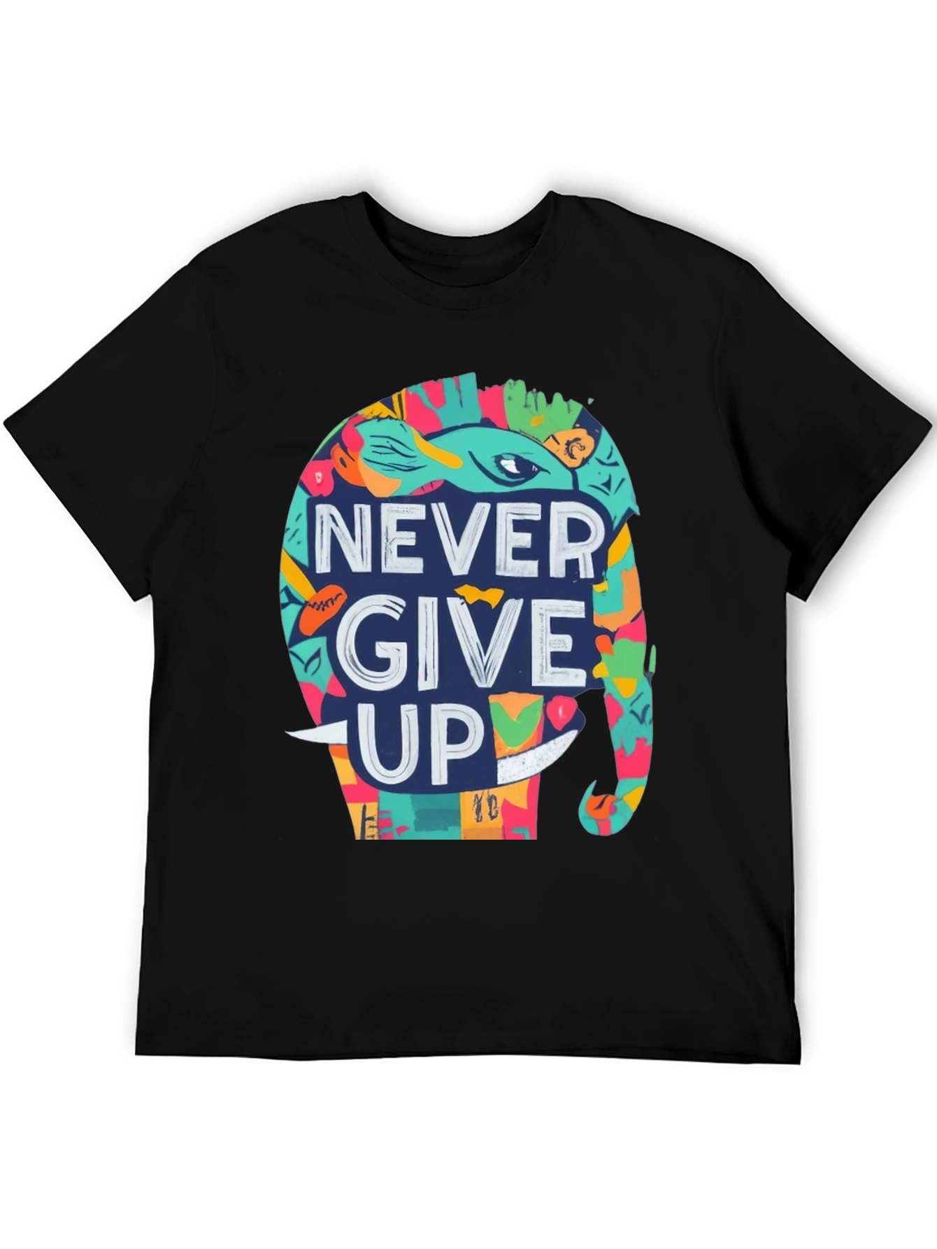 Never Give Up Elephant Graphic Tee - Black