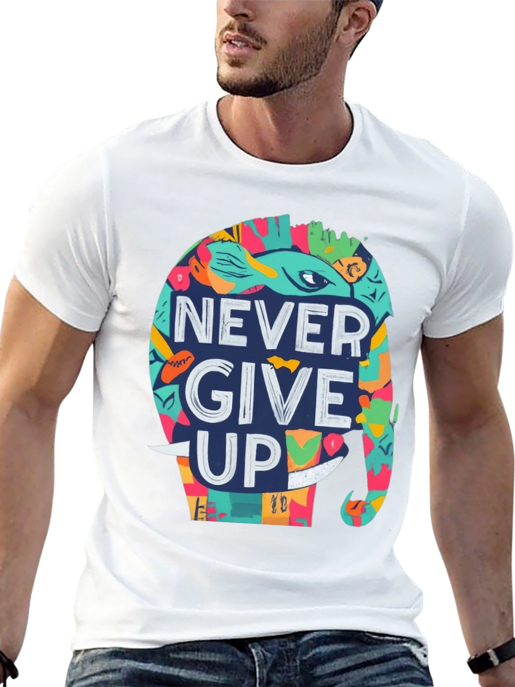Never Give Up Elephant Graphic Tee - Black