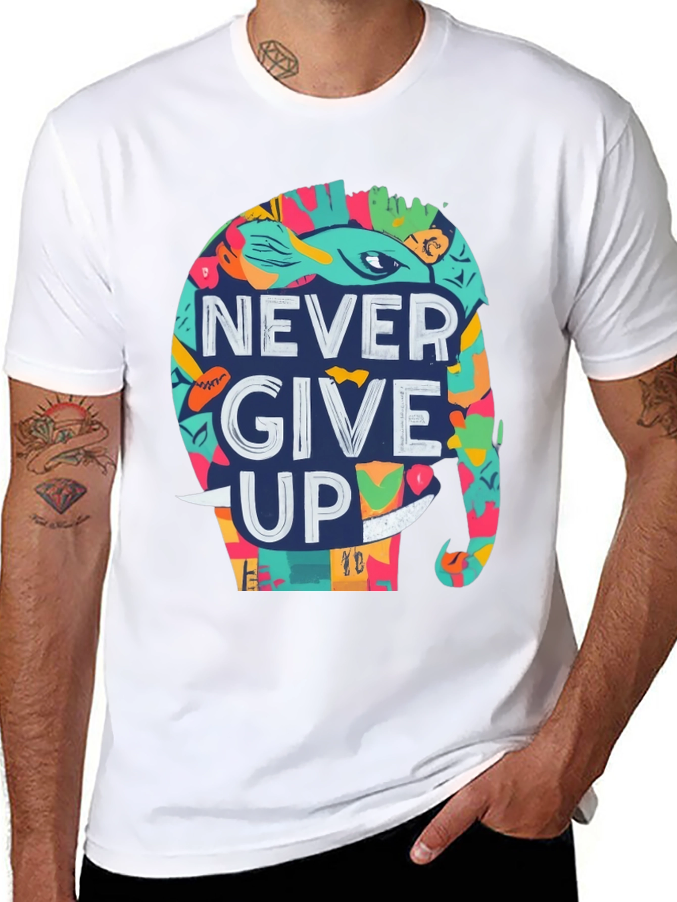 Never Give Up Elephant Graphic Tee - Black