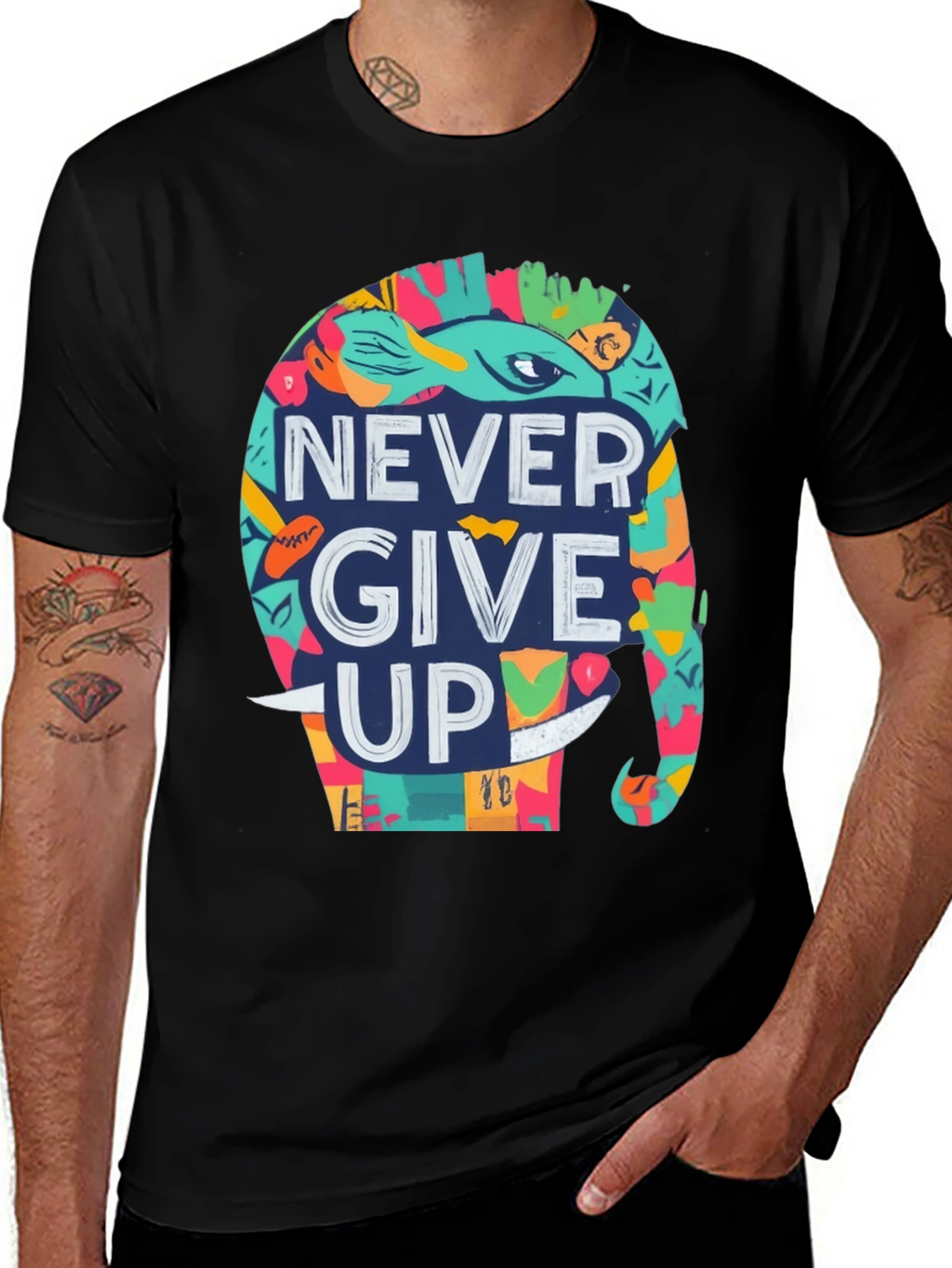 Never Give Up Elephant Graphic Tee - Black