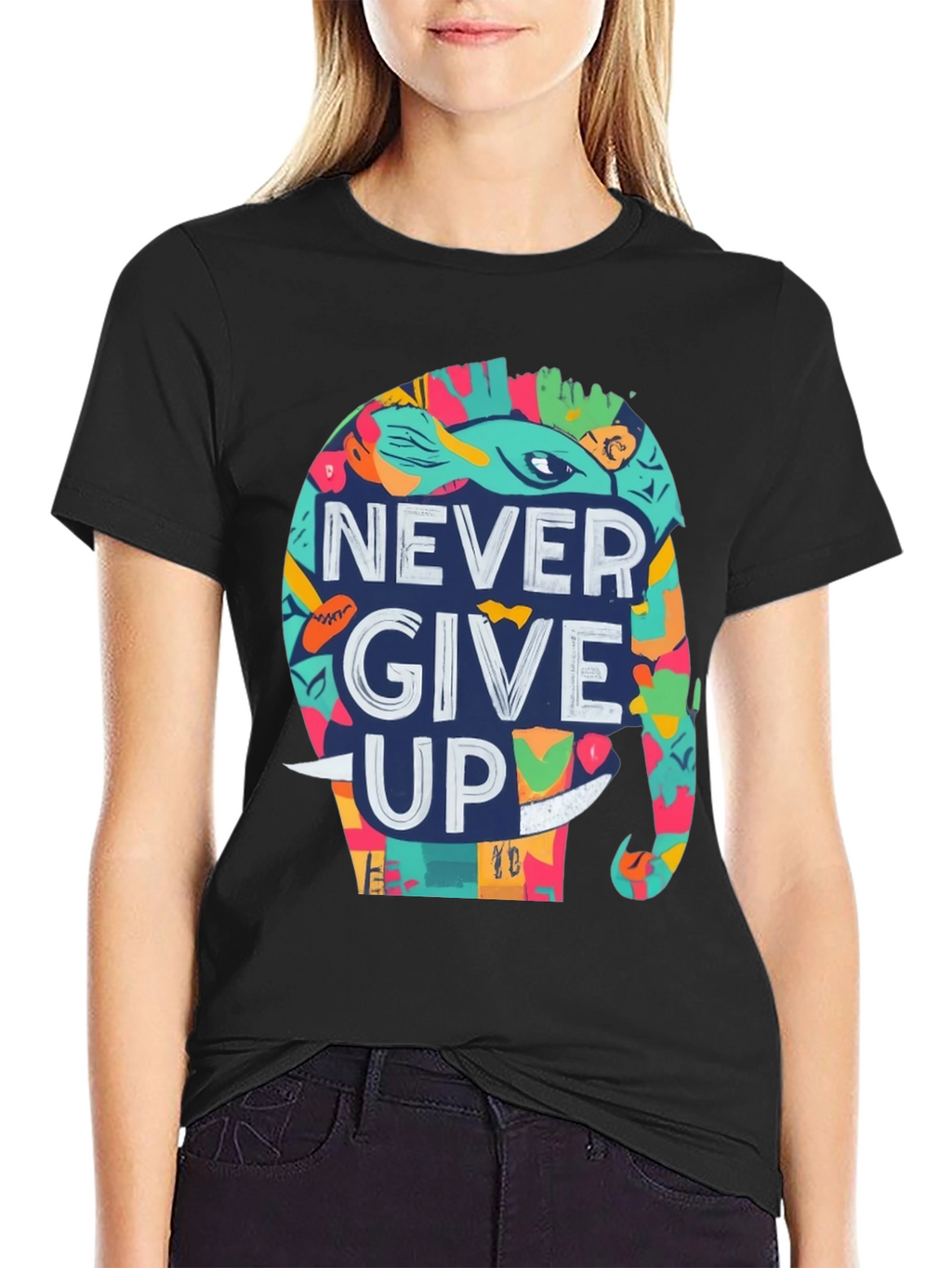 Never Give Up Elephant Graphic Tee - Black