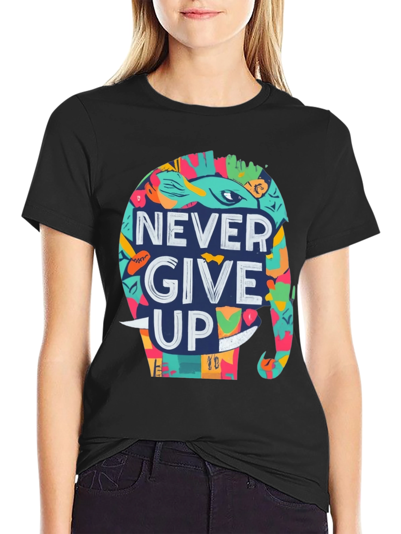 Never Give Up Elephant Graphic Tee - Black