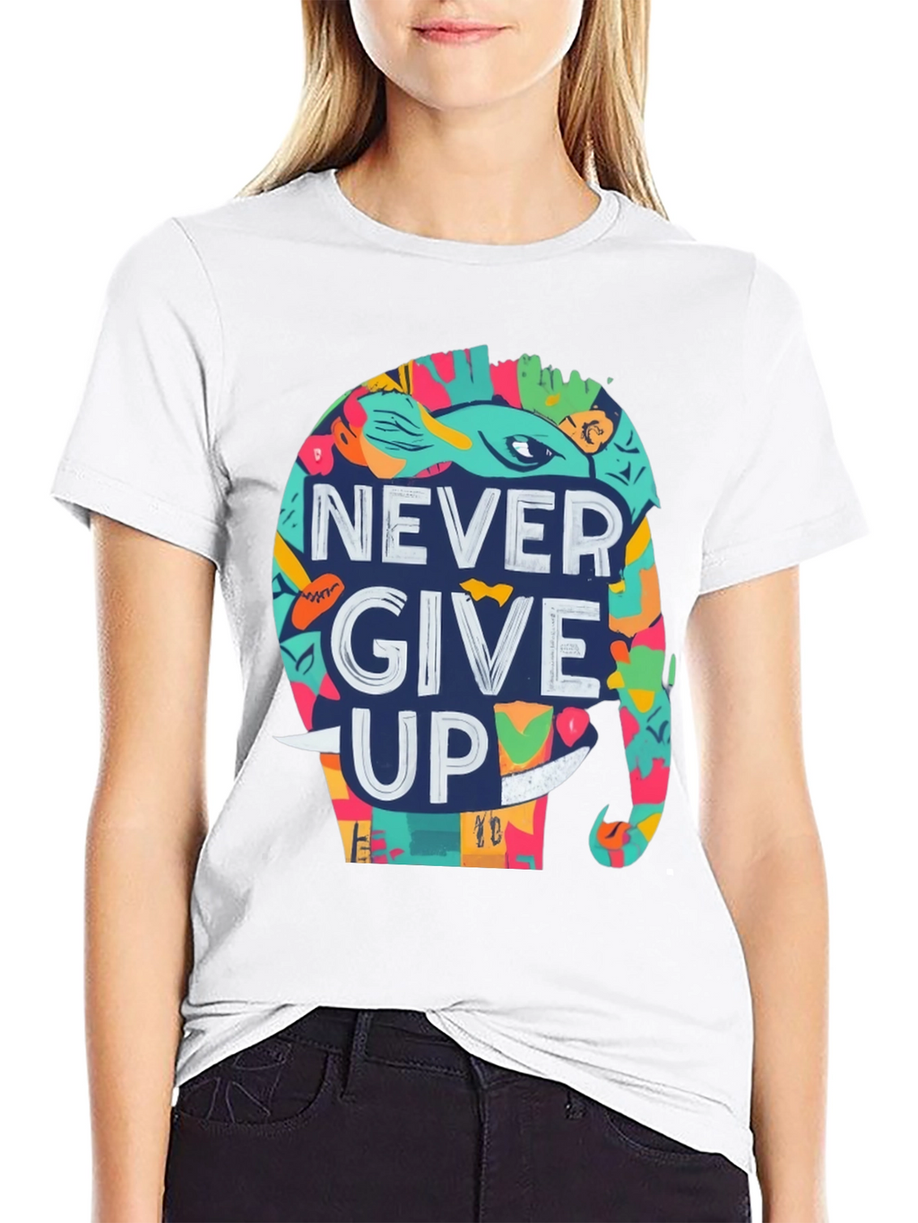Never Give Up Elephant Graphic Tee - Black