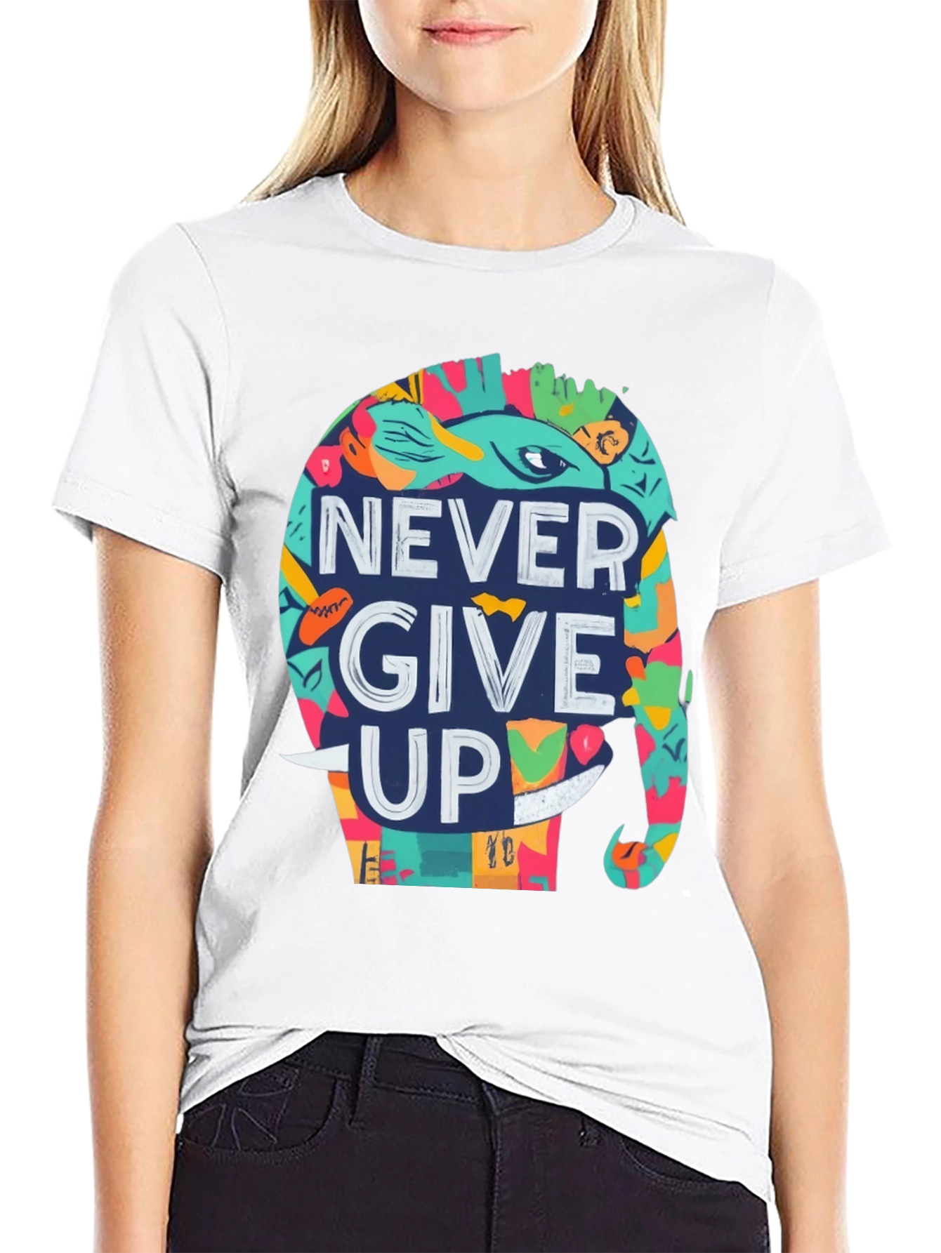 Never Give Up Elephant Graphic Tee - Black