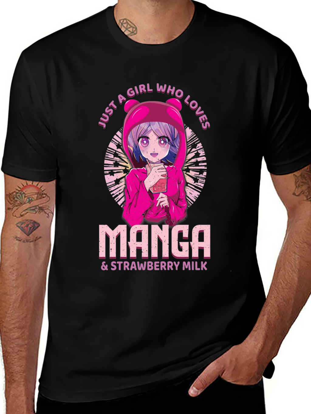 Manga & Strawberry Milk Black T-Shirt