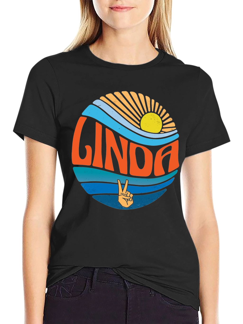 Linda Retro Sunset T-Shirt Peace Sign Custom Name Tee