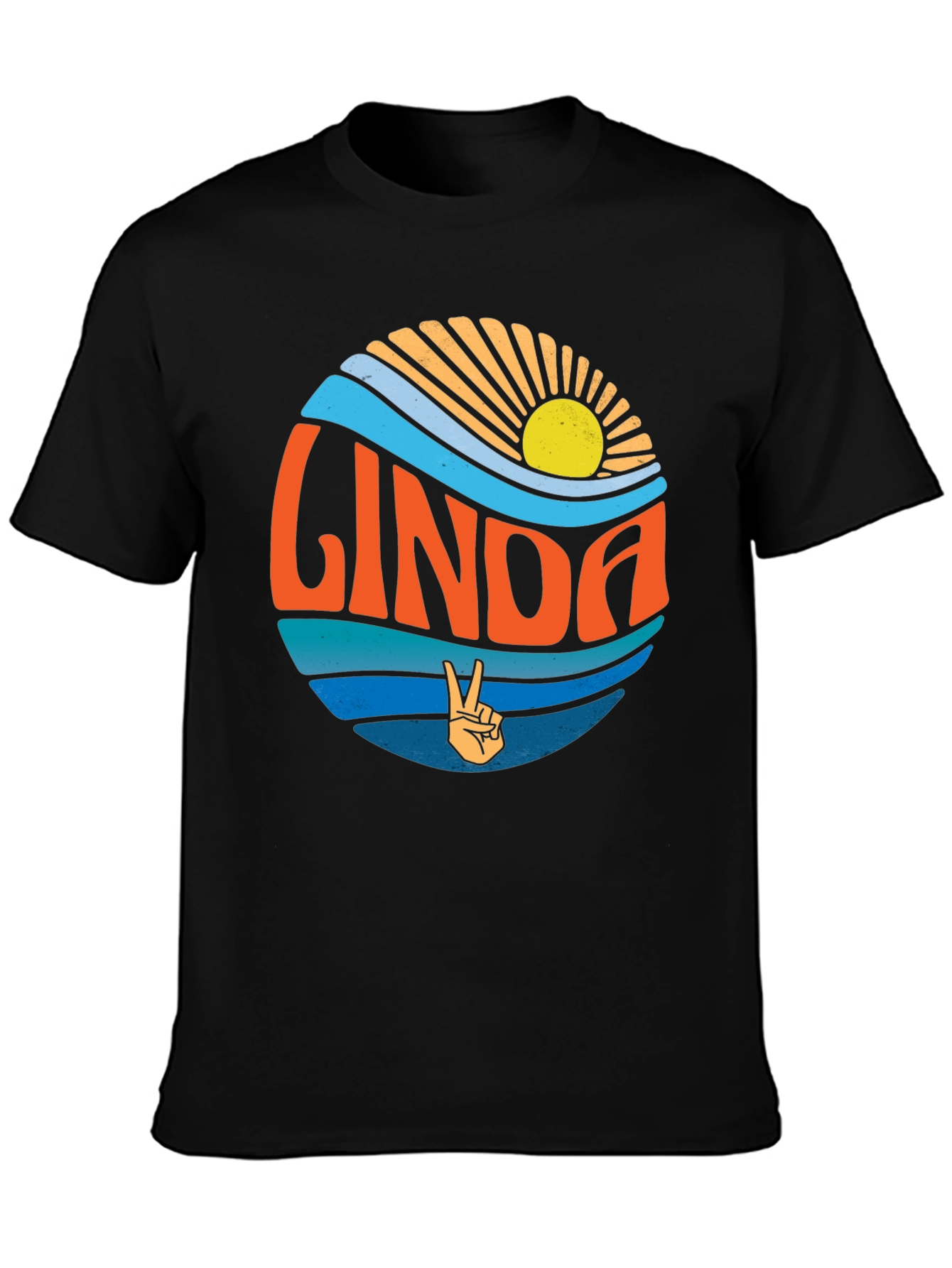 Linda Retro Sunset T-Shirt Peace Sign Custom Name Tee