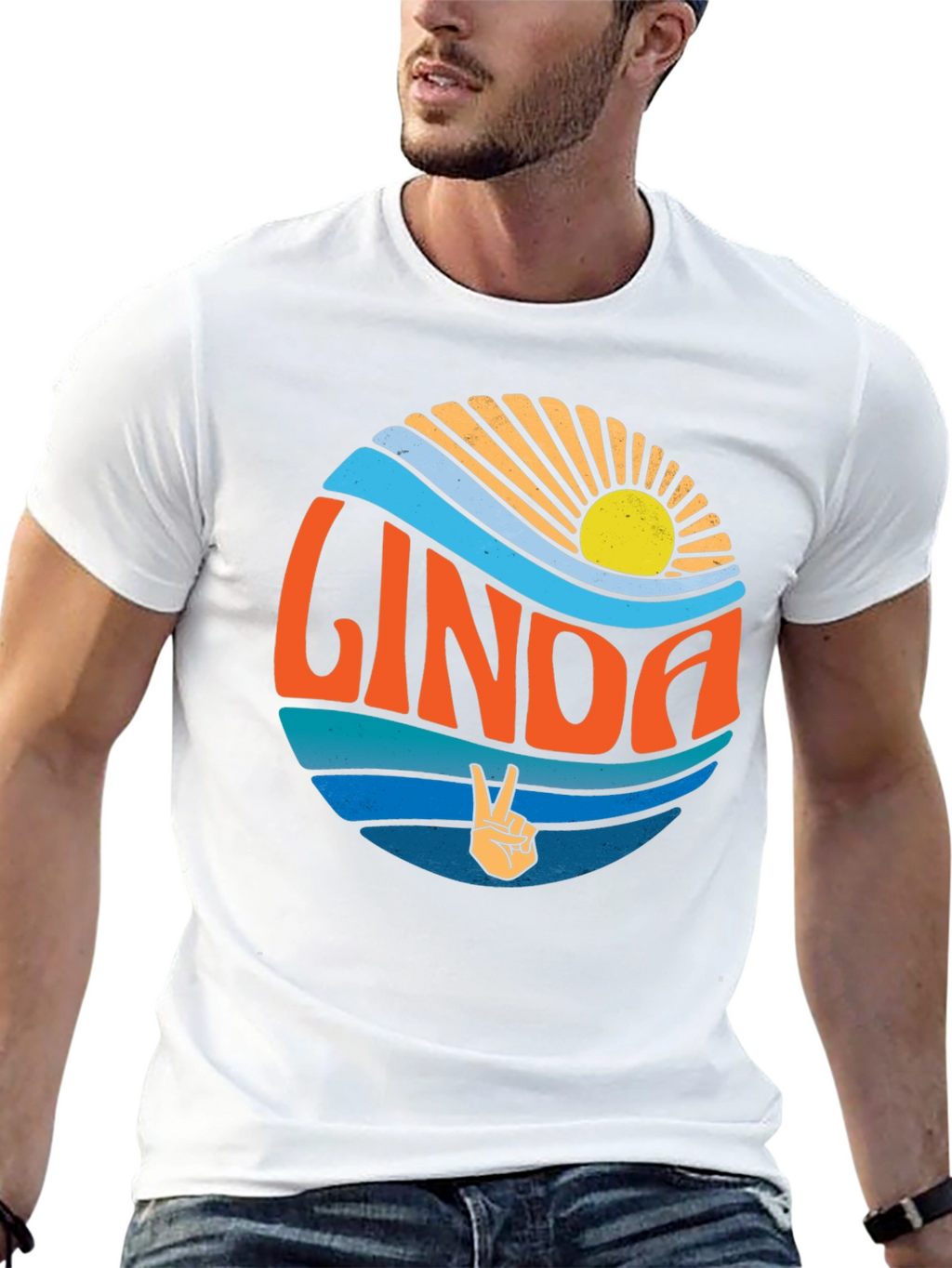 Linda Retro Sunset T-Shirt Peace Sign Custom Name Tee