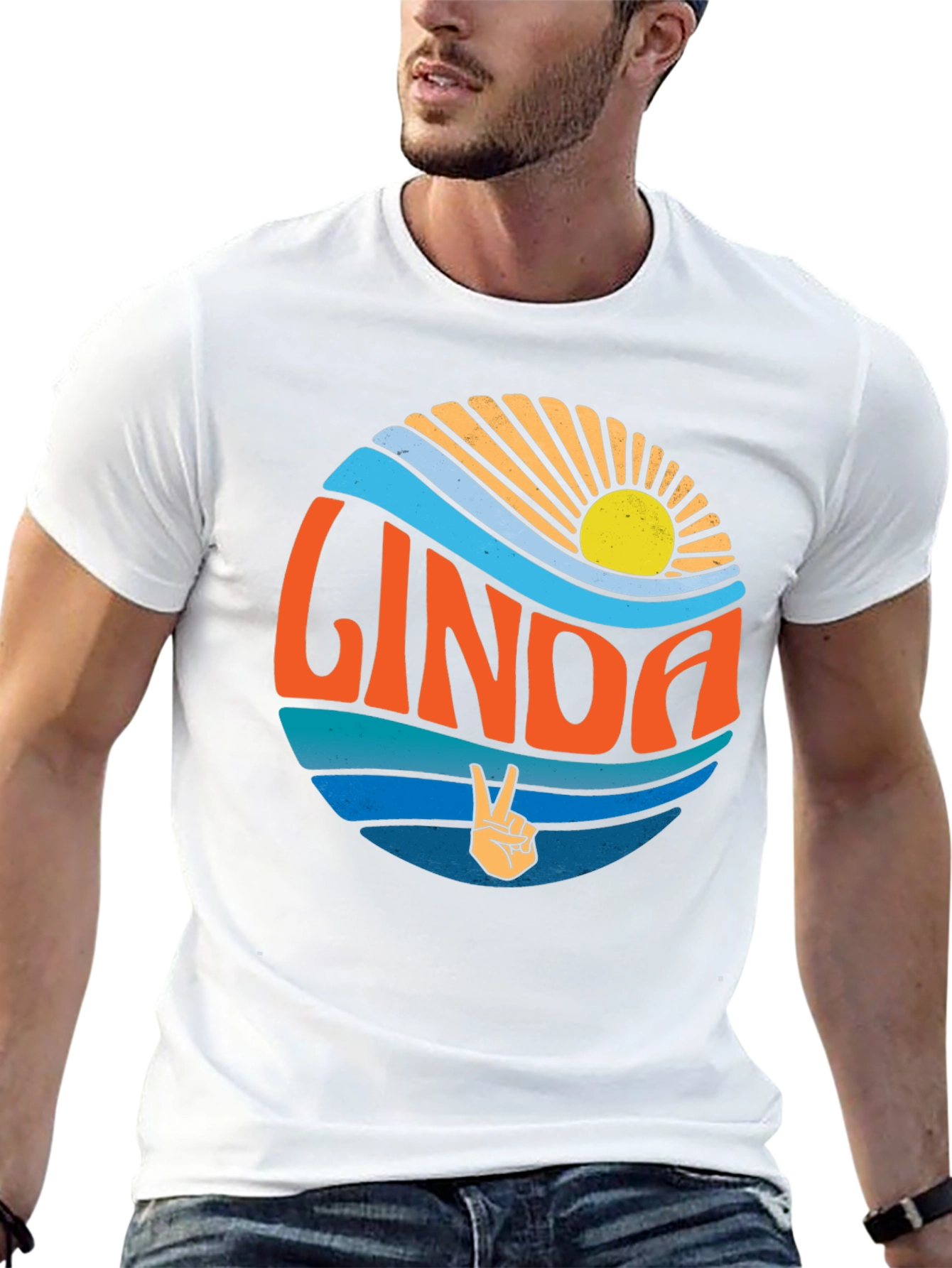 Linda Retro Sunset T-Shirt Peace Sign Custom Name Tee