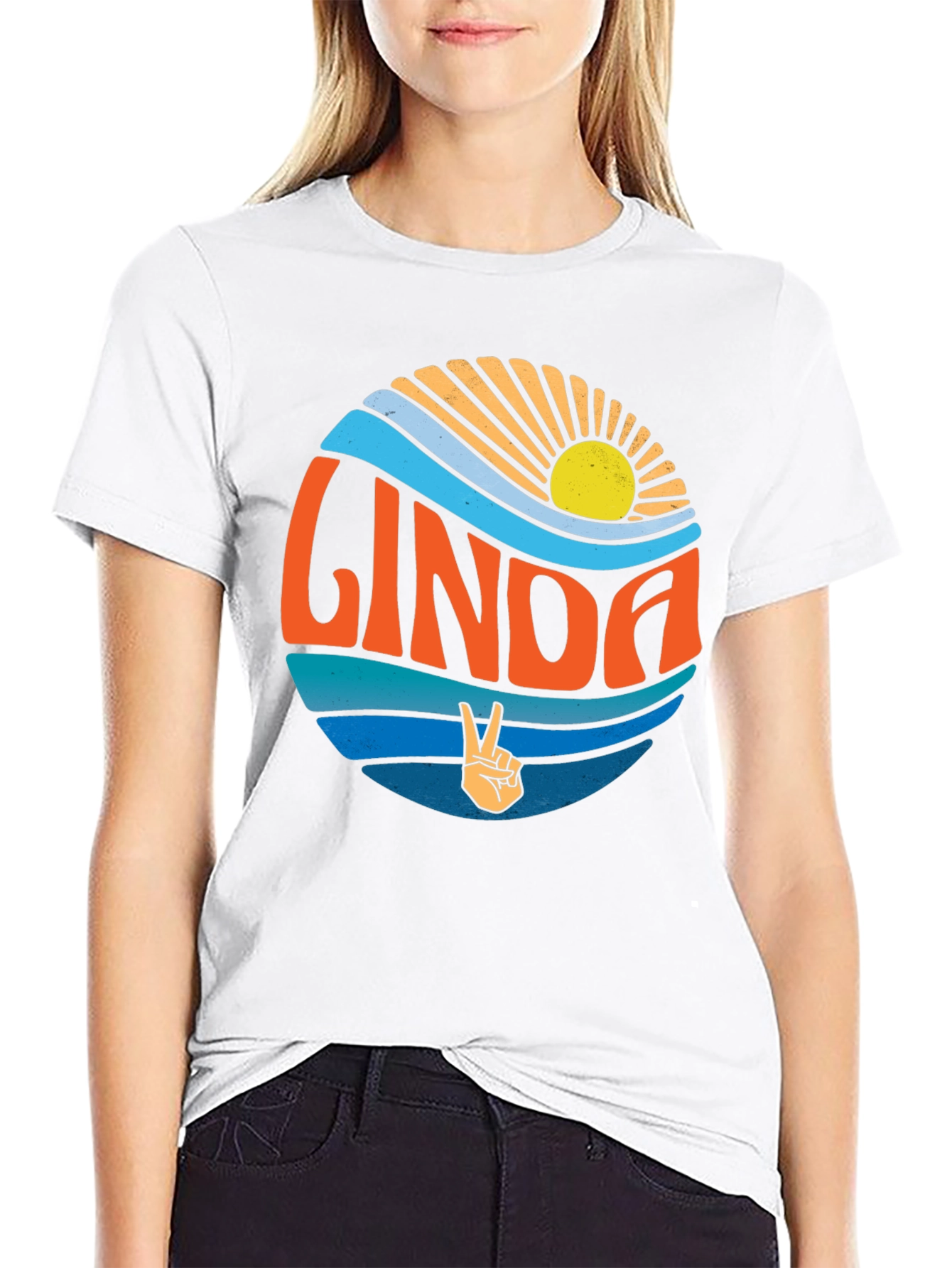Linda Retro Sunset T-Shirt Peace Sign Custom Name Tee