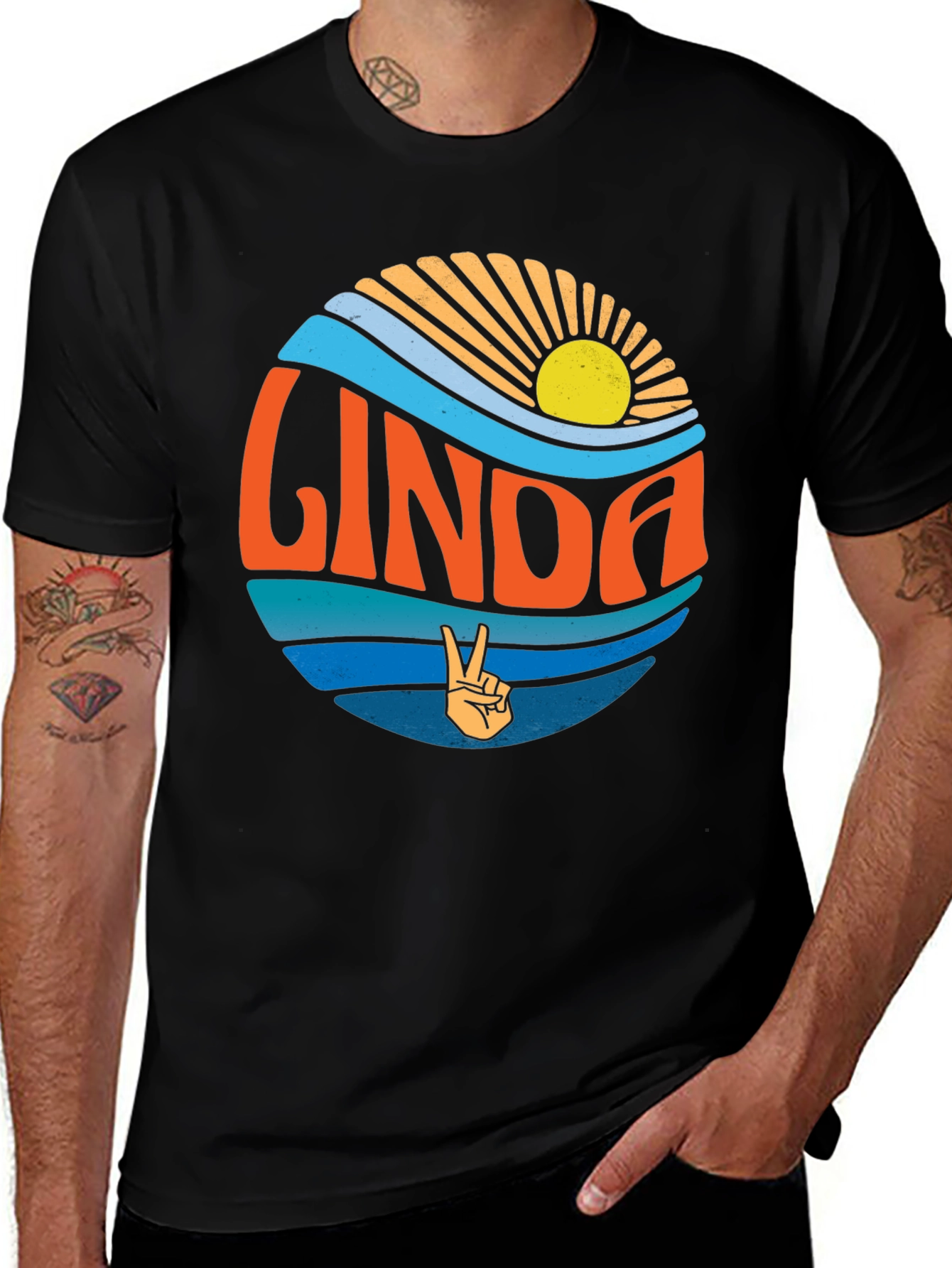 Linda Retro Sunset T-Shirt Peace Sign Custom Name Tee