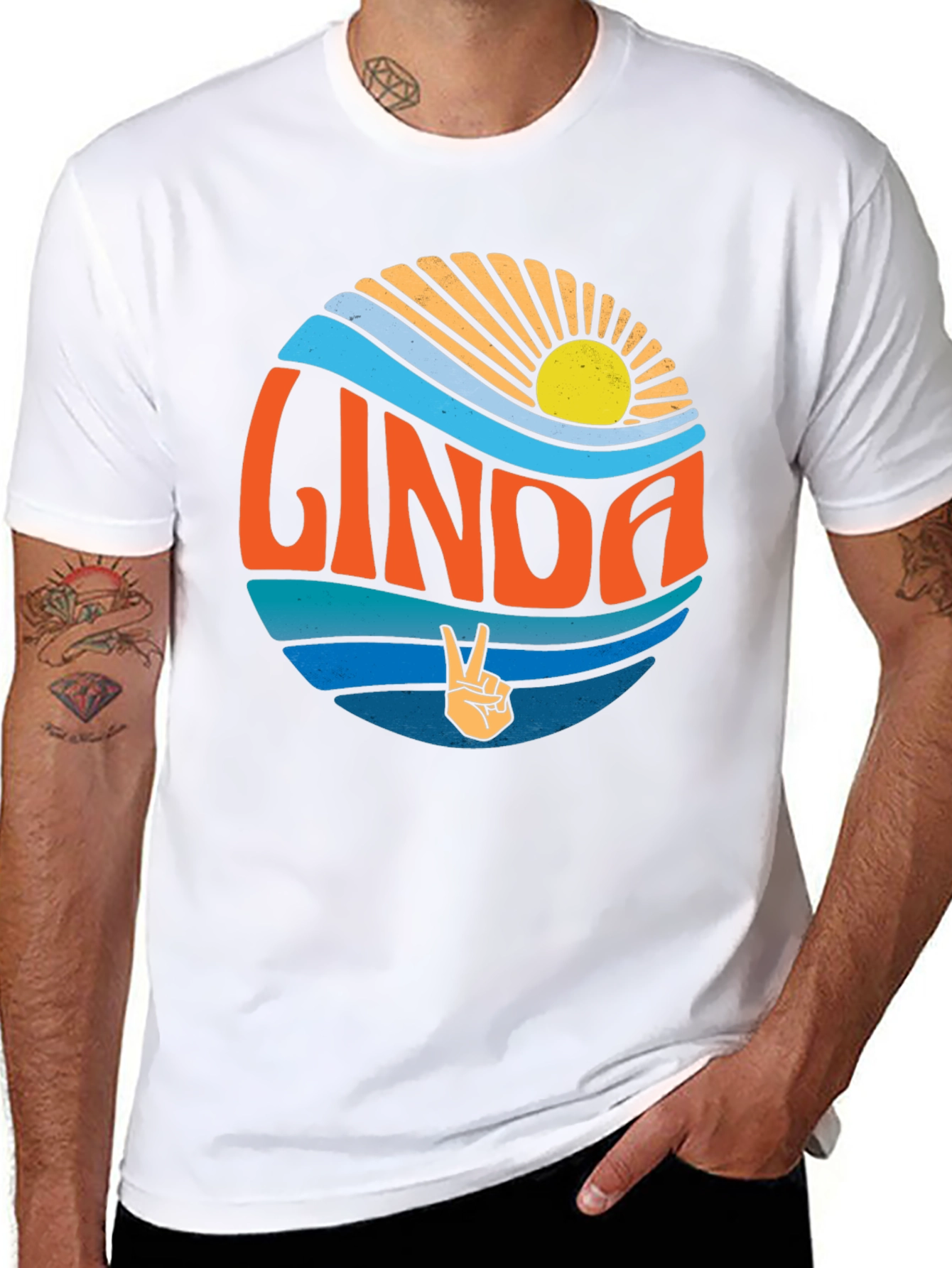 Linda Retro Sunset T-Shirt Peace Sign Custom Name Tee