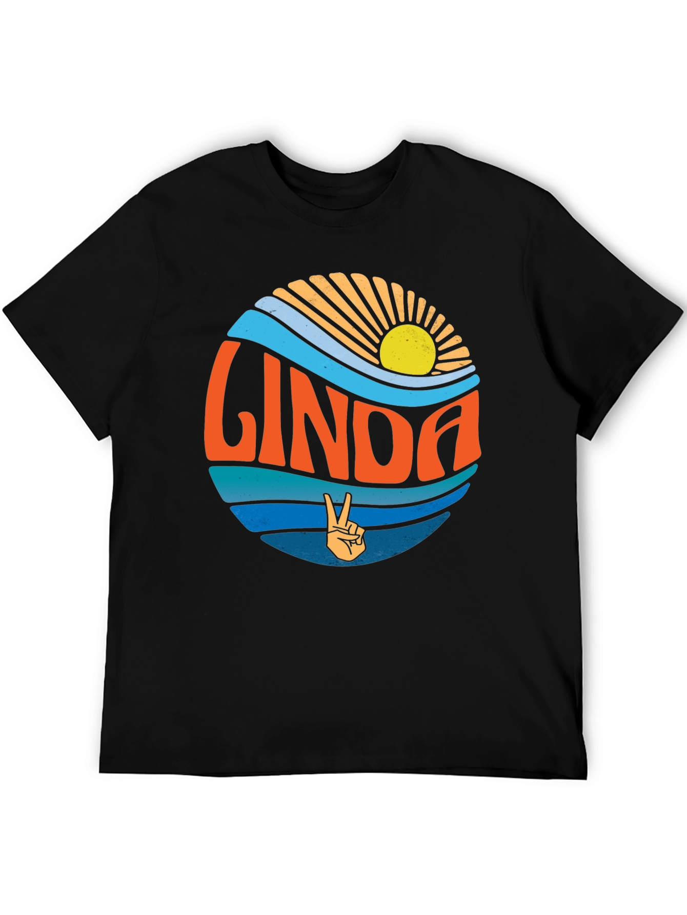 Linda Retro Sunset T-Shirt Peace Sign Custom Name Tee
