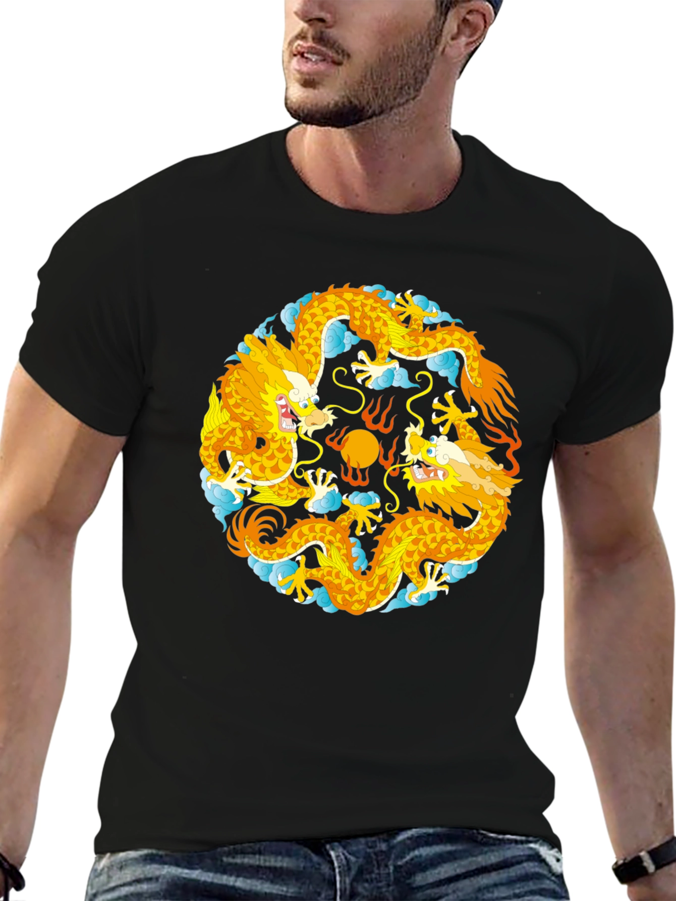 Yin Yang Dragons Graphic T-Shirt - Black Cotton Tee