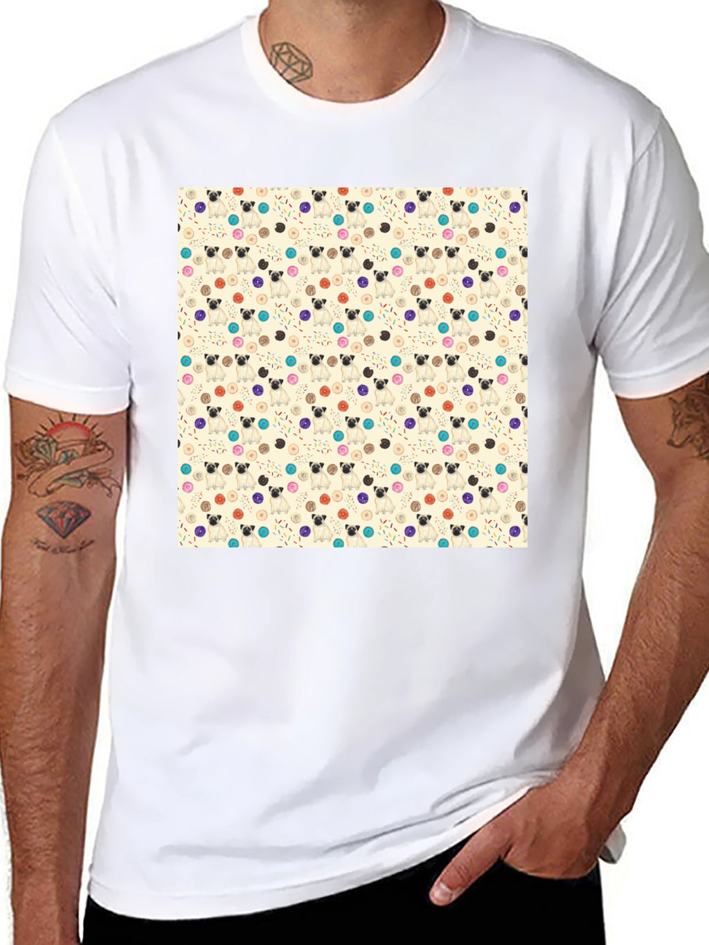 Pug & Donut Pattern Tee - Trendy Graphic T-Shirt