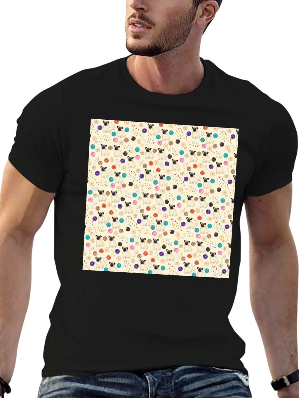 Pug & Donut Pattern Tee - Trendy Graphic T-Shirt