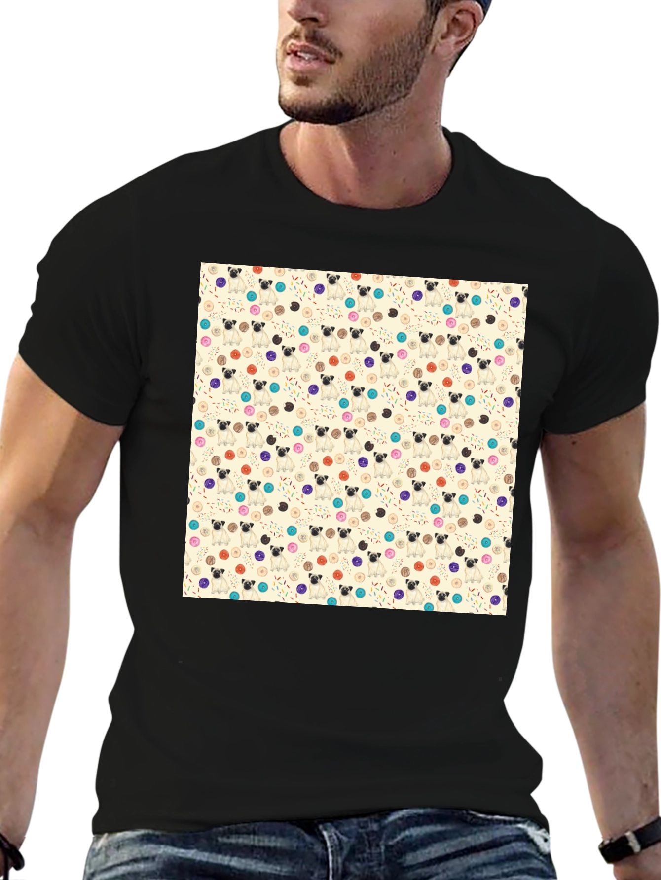 Pug & Donut Pattern Tee - Trendy Graphic T-Shirt
