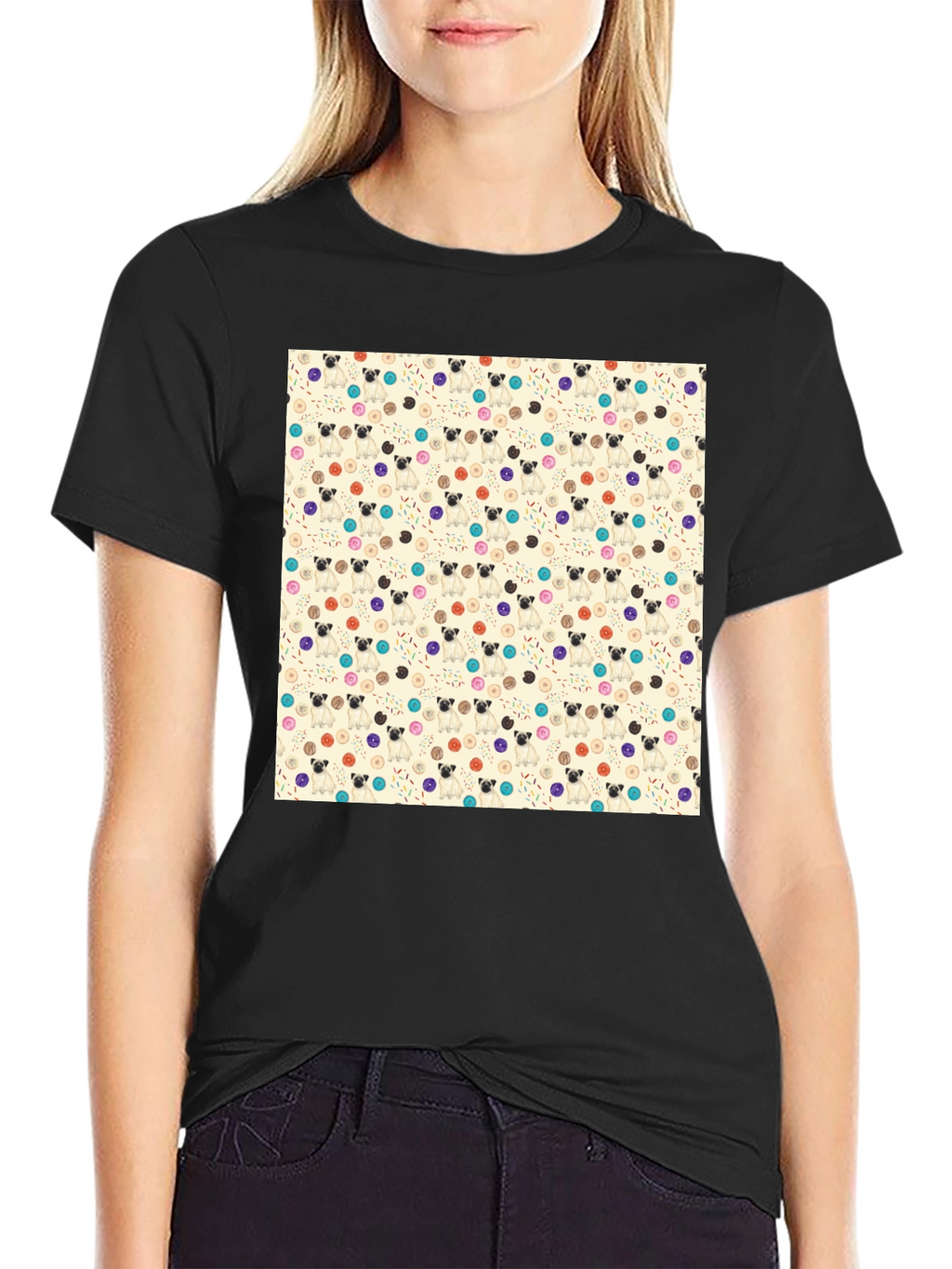 Pug & Donut Pattern Tee - Trendy Graphic T-Shirt