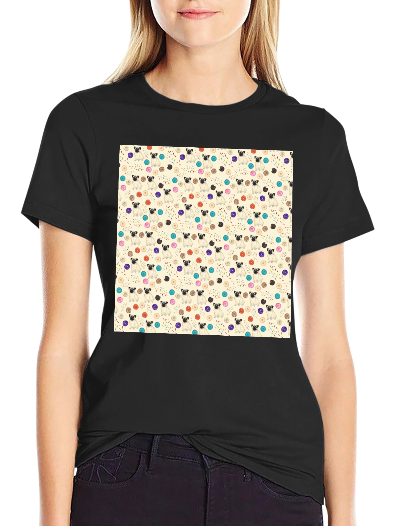 Pug & Donut Pattern Tee - Trendy Graphic T-Shirt