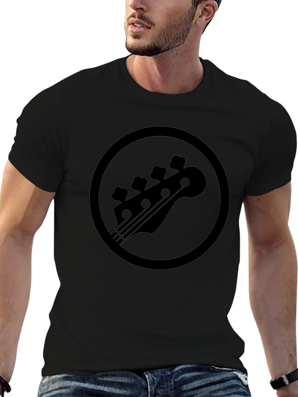 Black Bass Guitar Headstock Circle Graphic T-Shirt