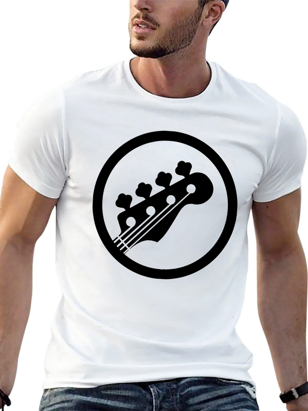 Black Bass Guitar Headstock Circle Graphic T-Shirt