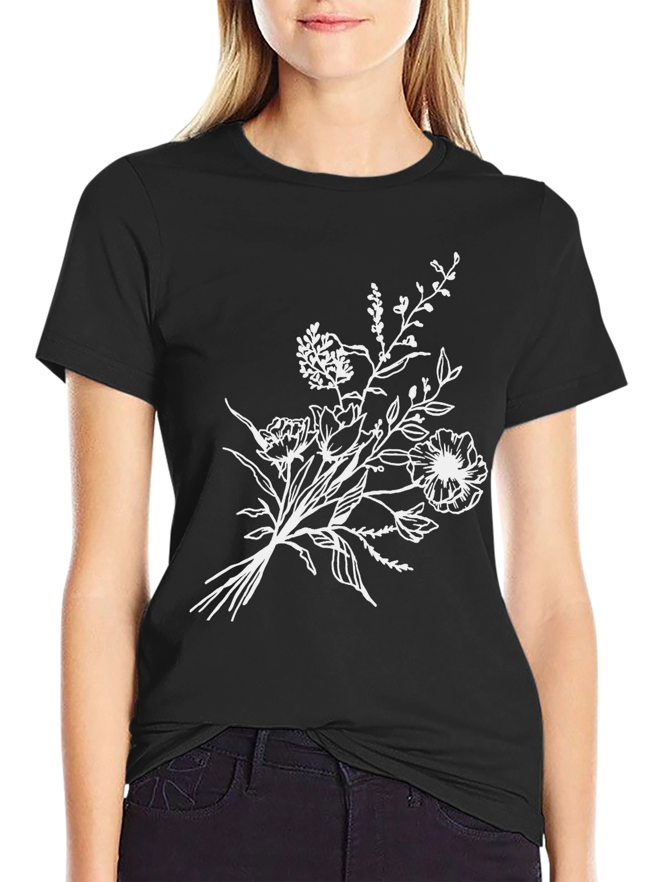 Black Floral T-Shirt - Stylish Botanical Design