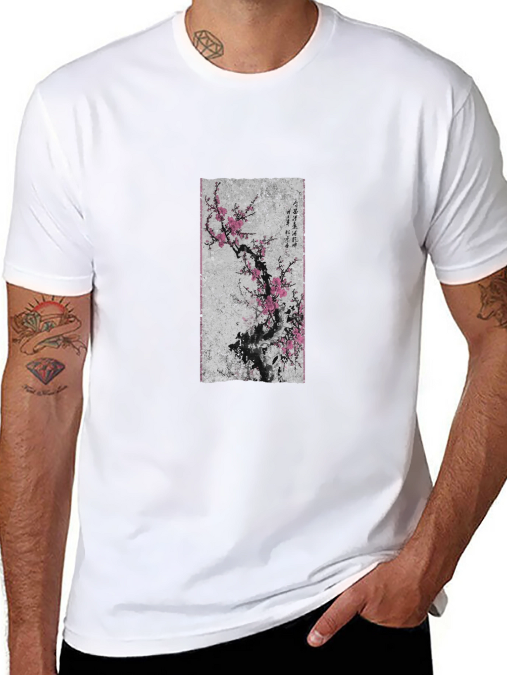 Black T-Shirt with Asian Floral Art