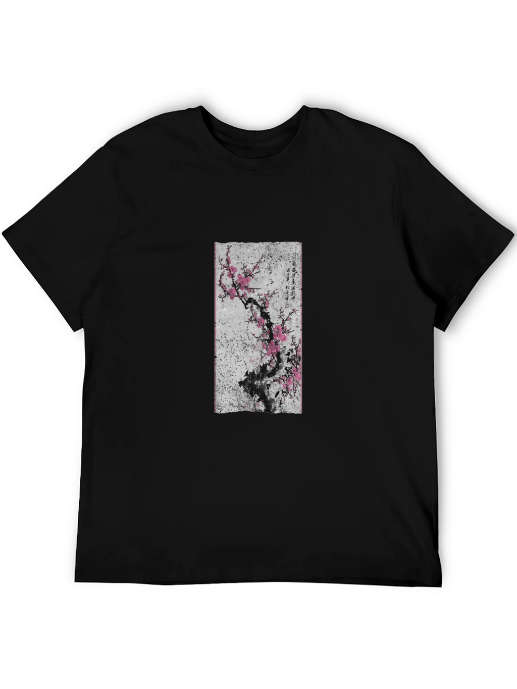 Black T-Shirt with Asian Floral Art