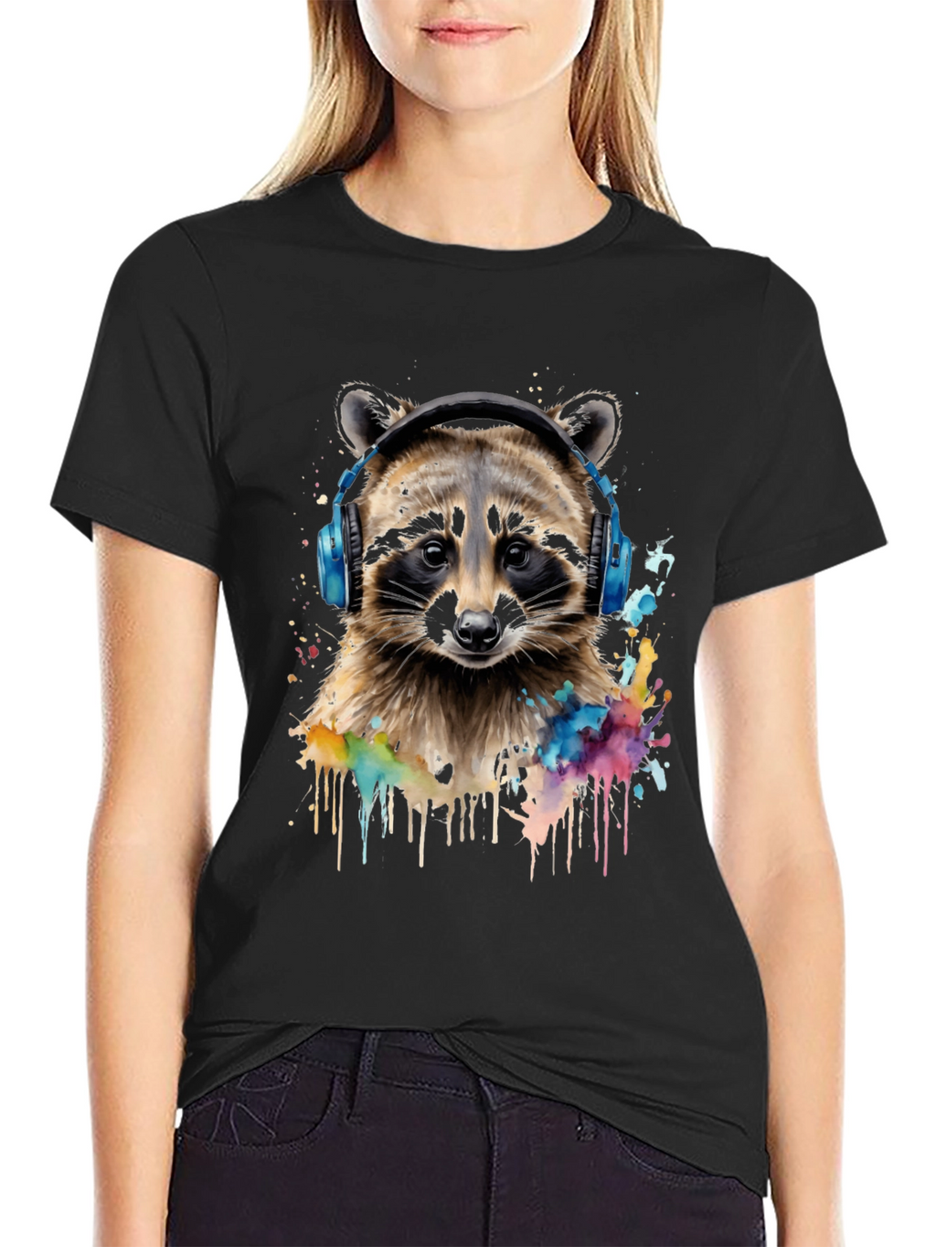 Raccoon Headphone Graphic Black T-Shirt