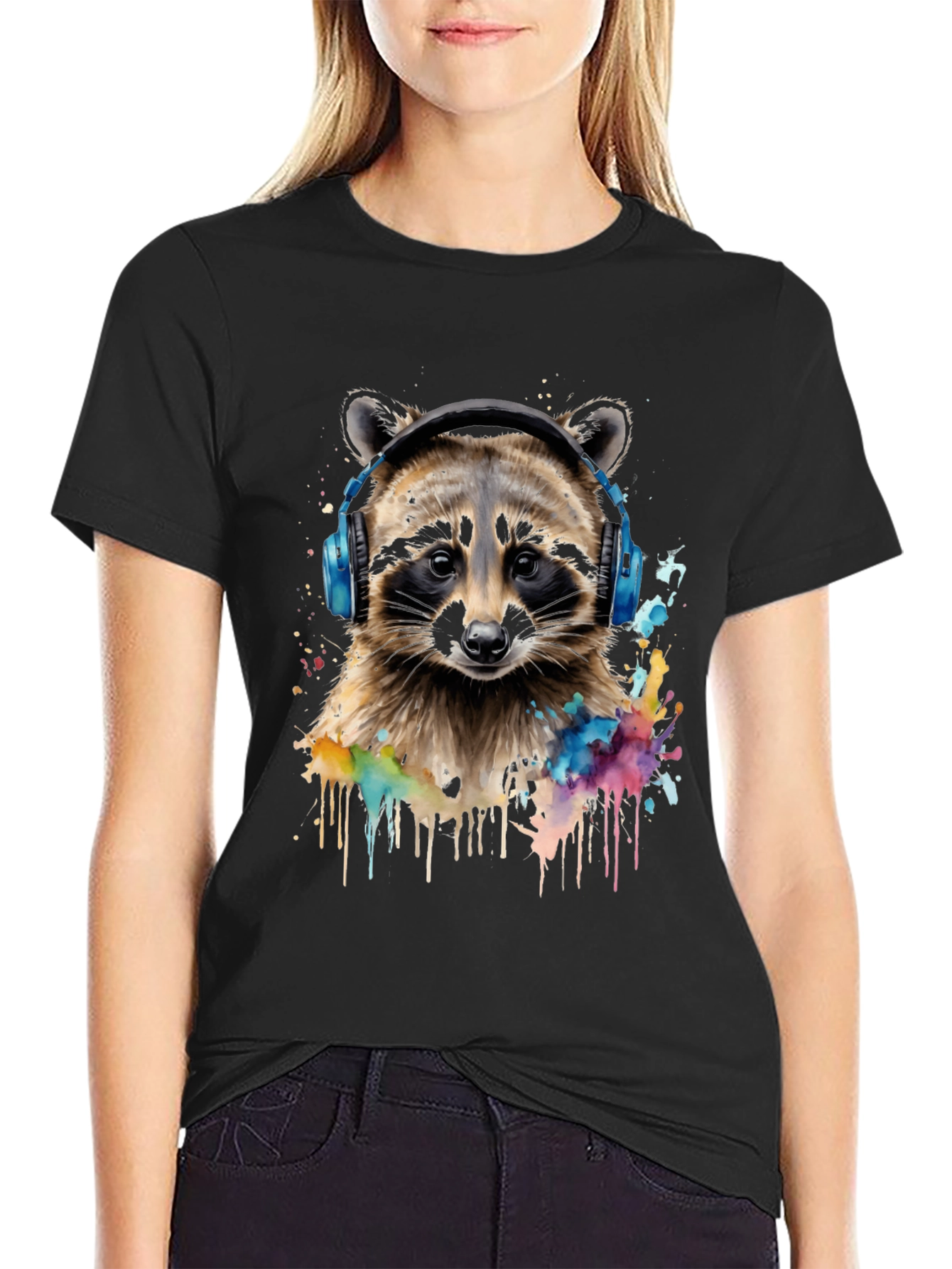 Raccoon Headphone Graphic Black T-Shirt