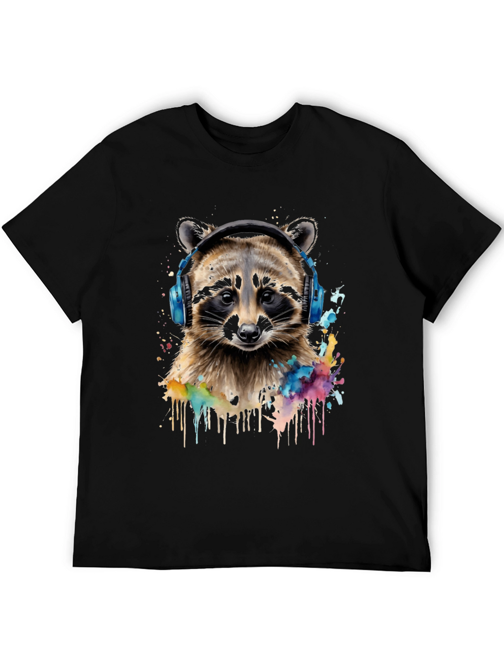 Raccoon Headphone Graphic Black T-Shirt