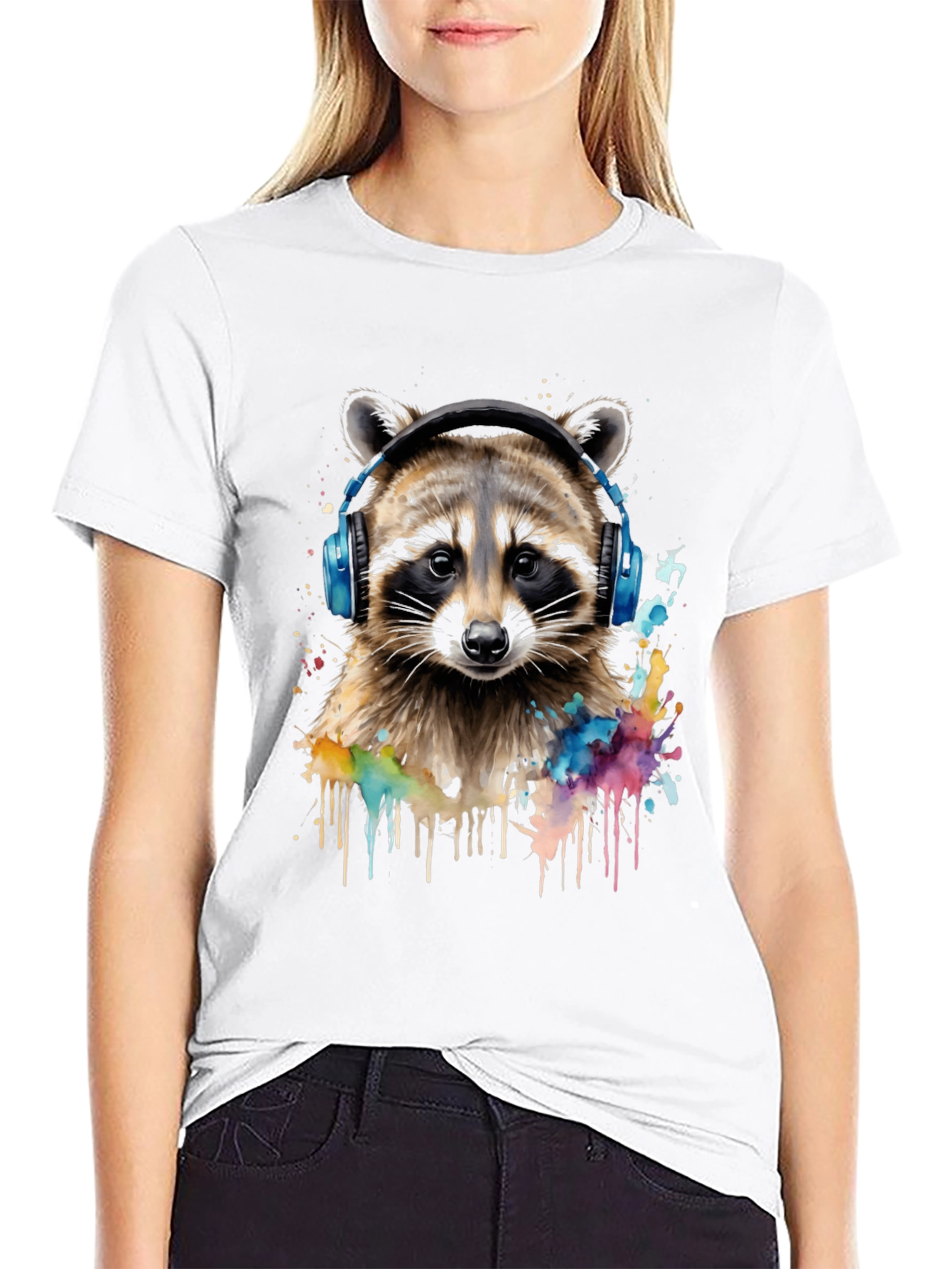 Raccoon Headphone Graphic Black T-Shirt