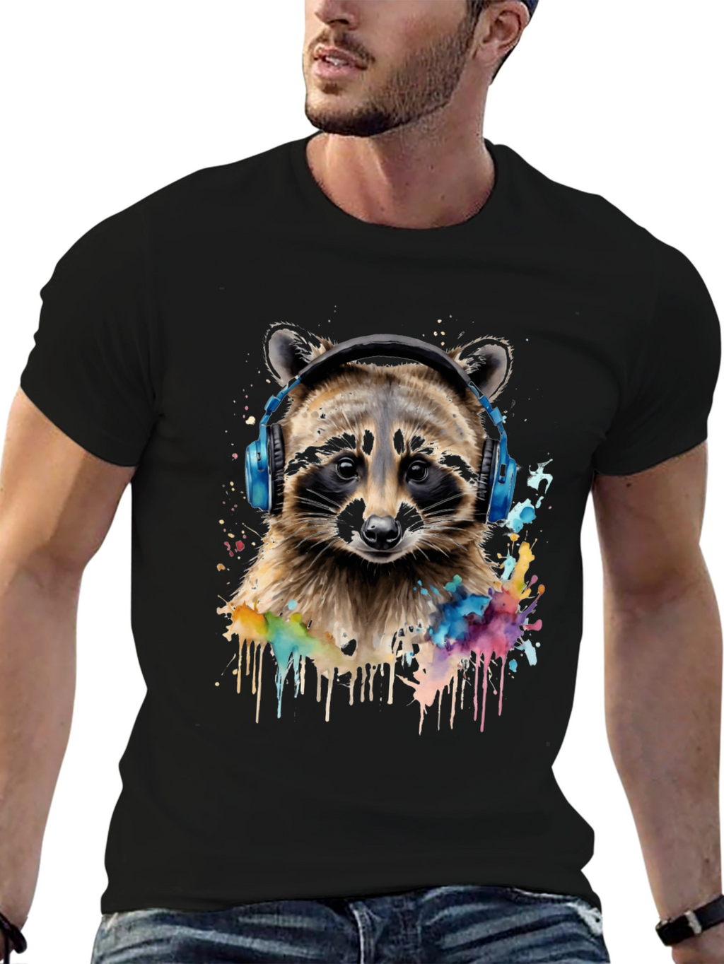 Raccoon Headphone Graphic Black T-Shirt