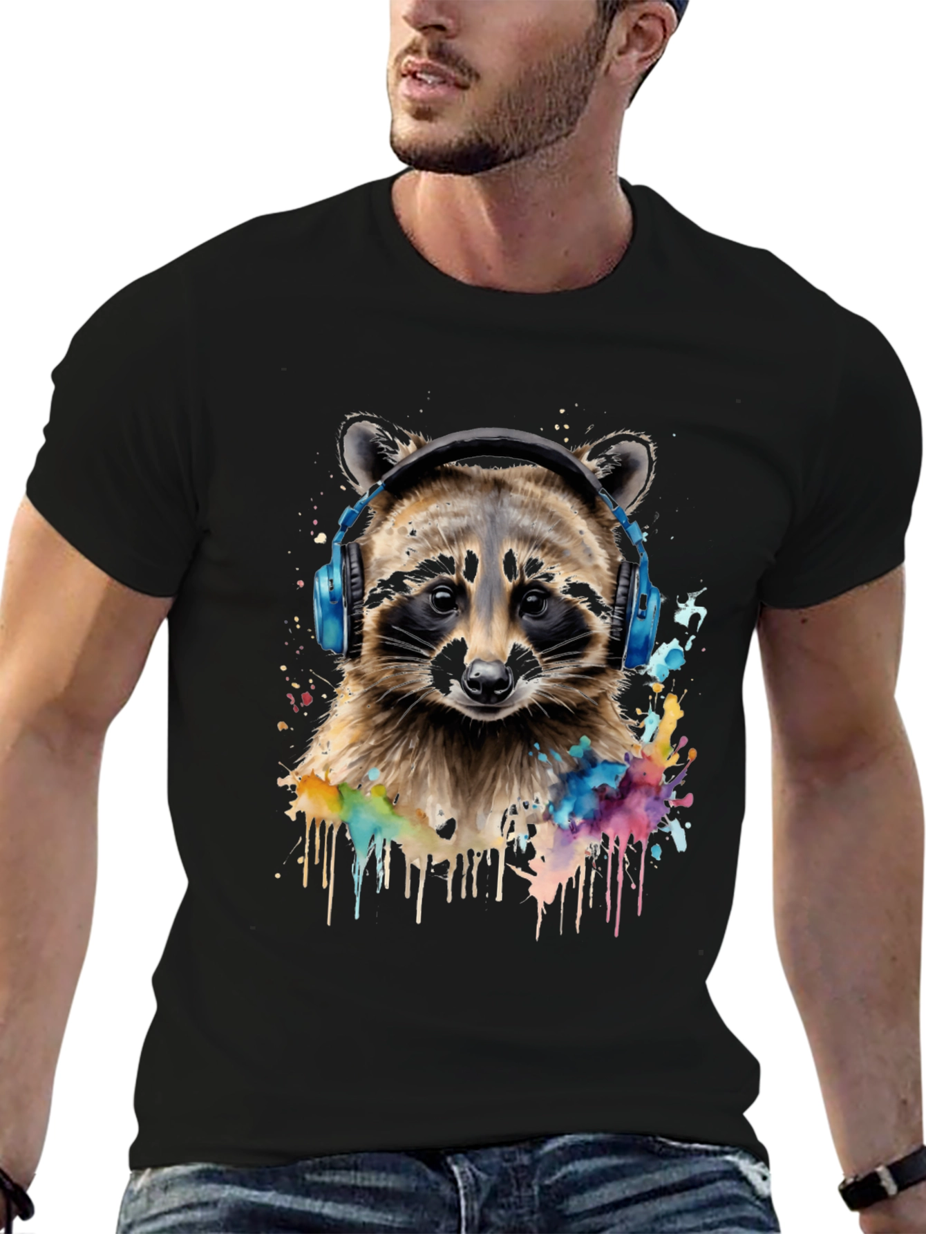 Raccoon Headphone Graphic Black T-Shirt