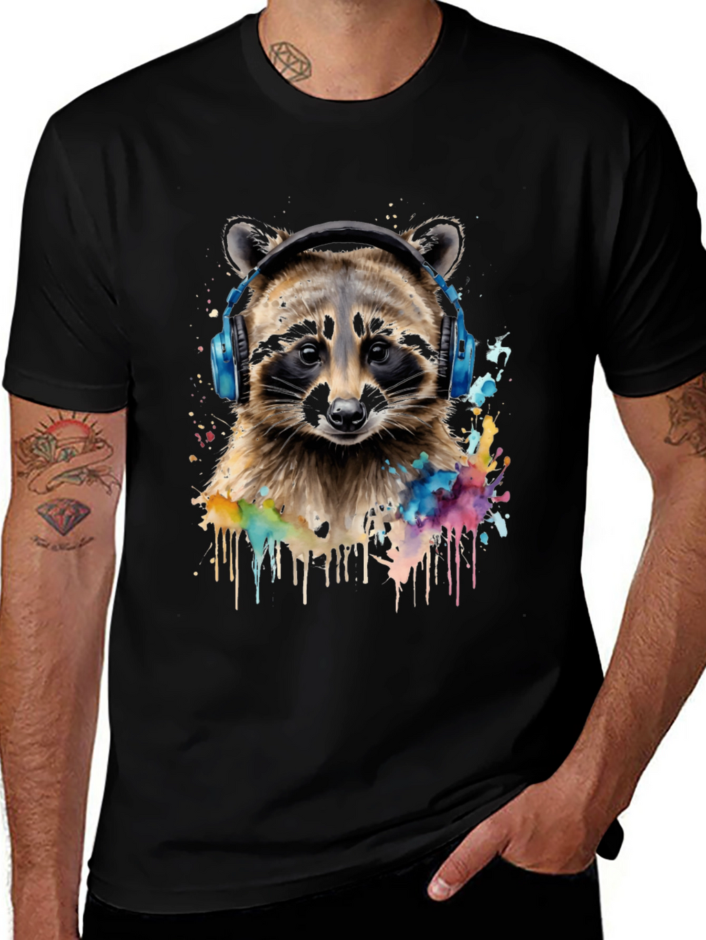Raccoon Headphone Graphic Black T-Shirt
