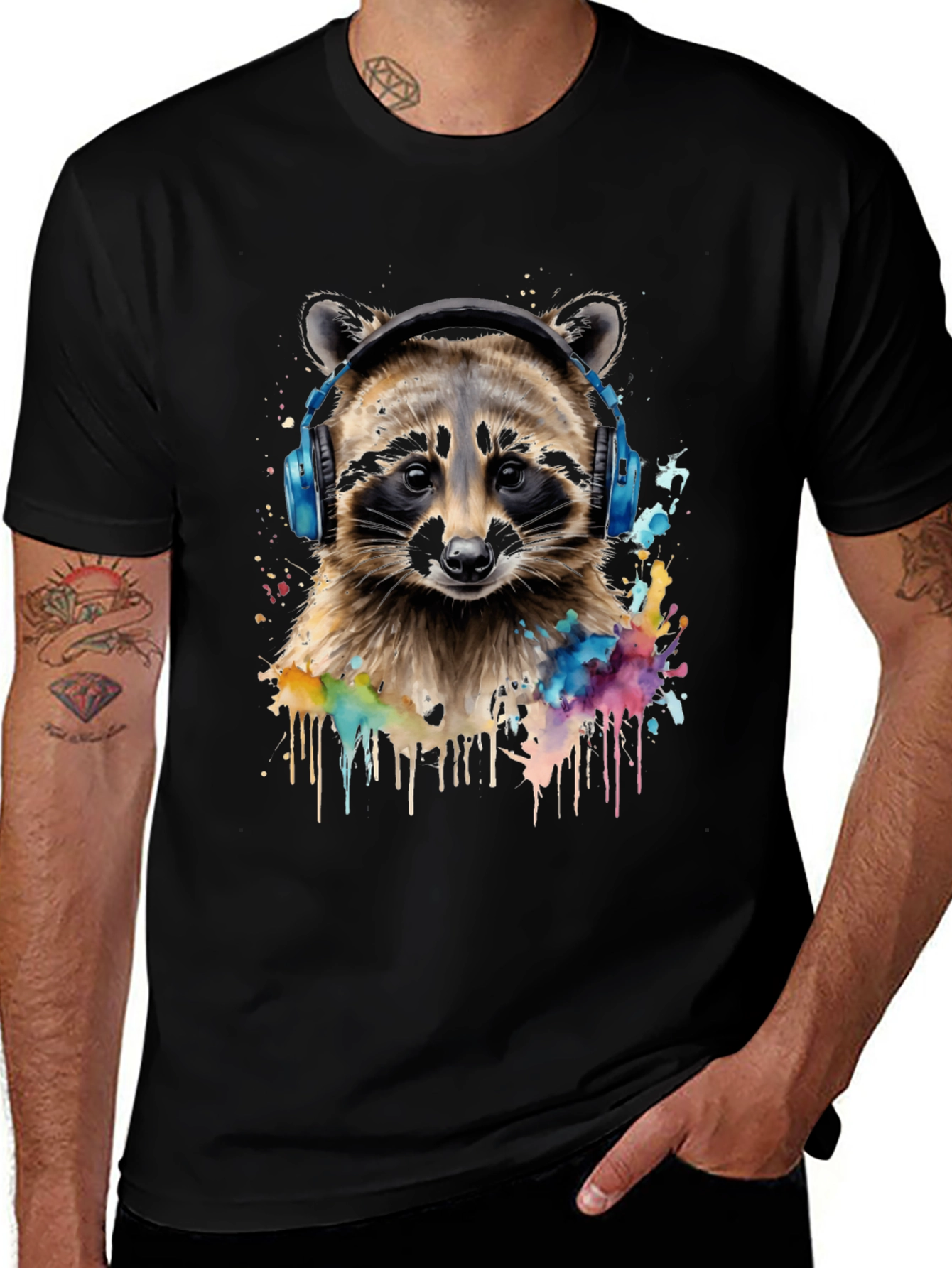 Raccoon Headphone Graphic Black T-Shirt