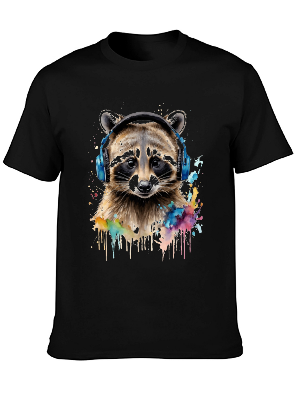 Raccoon Headphone Graphic Black T-Shirt