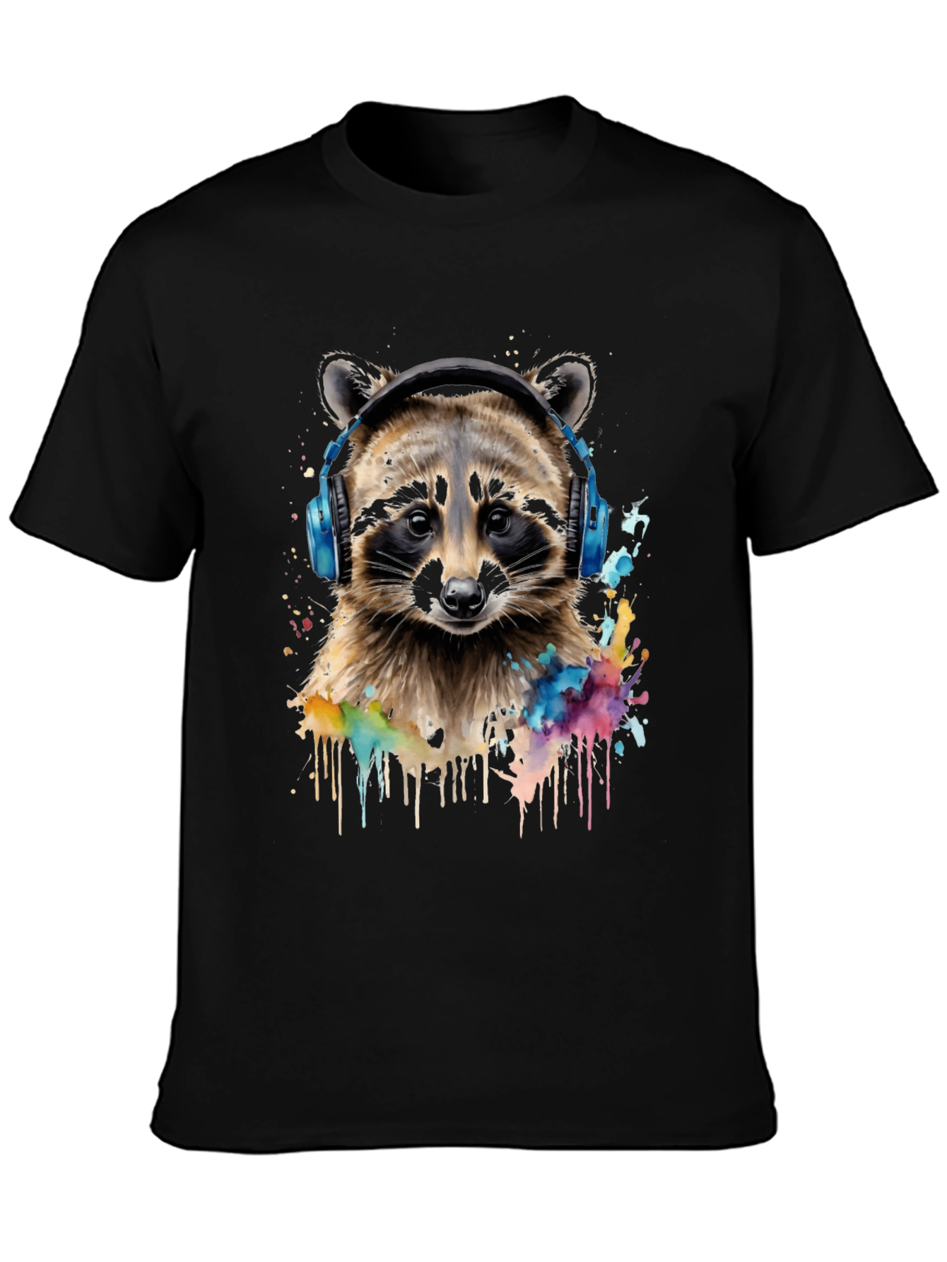 Raccoon Headphone Graphic Black T-Shirt