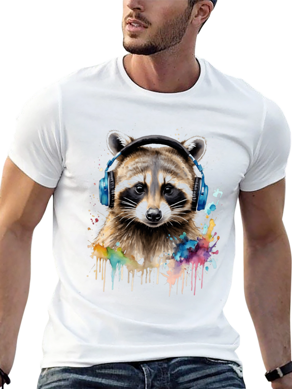 Raccoon Headphone Graphic Black T-Shirt