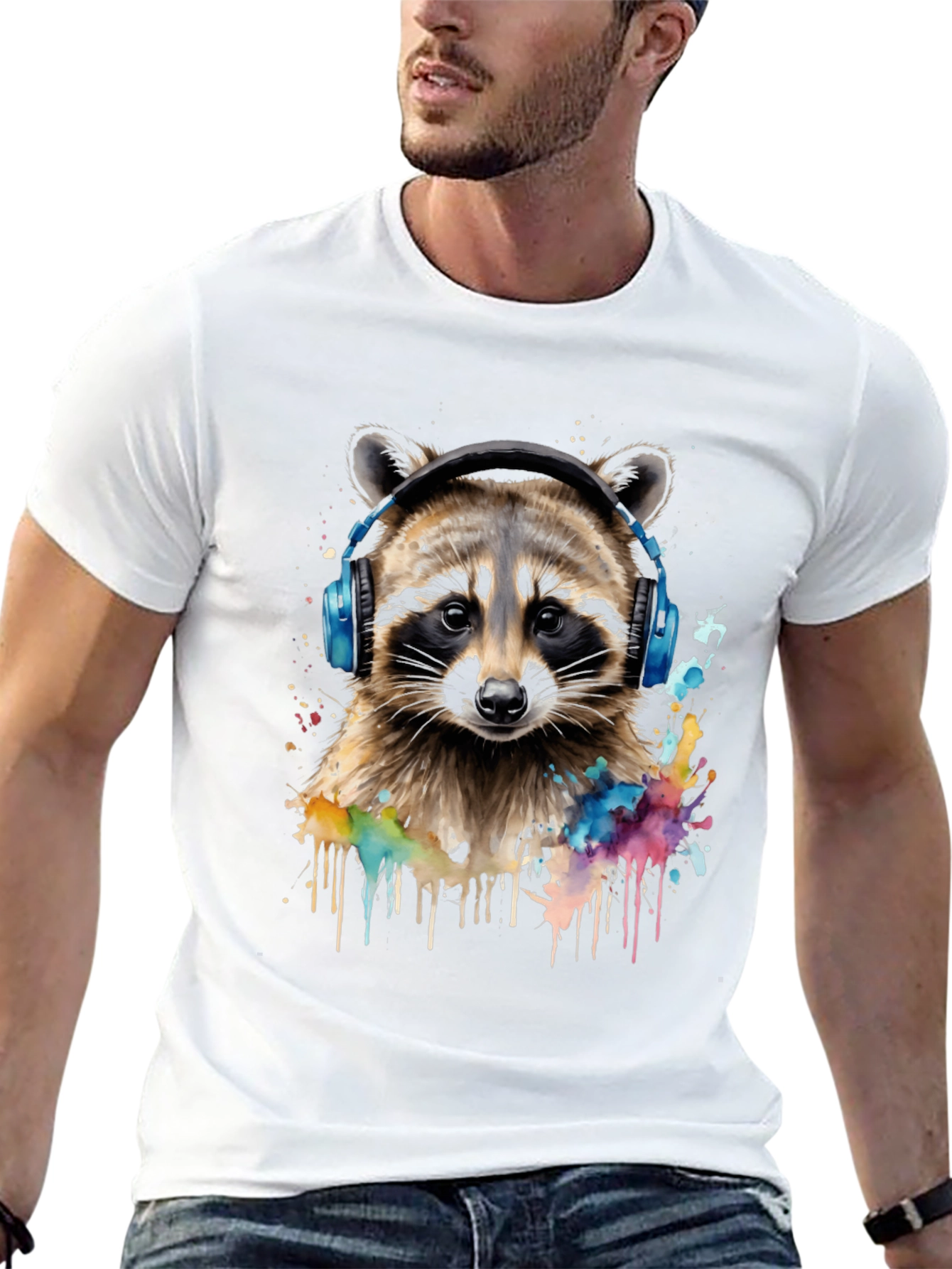Raccoon Headphone Graphic Black T-Shirt