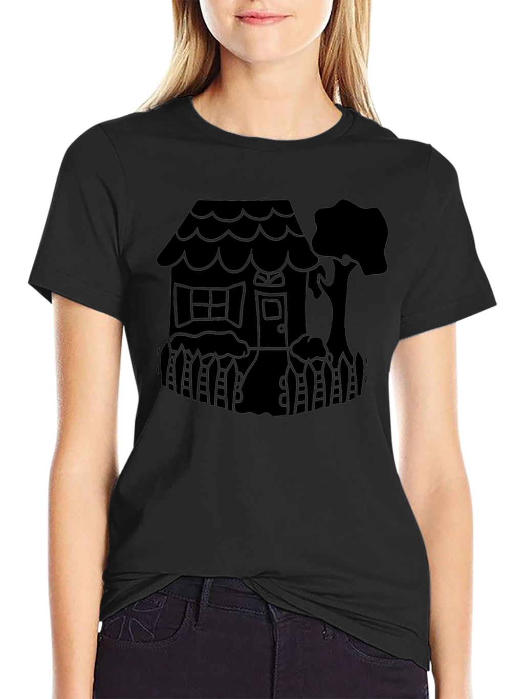 Quirky House Tree Graphic Black T-Shirt